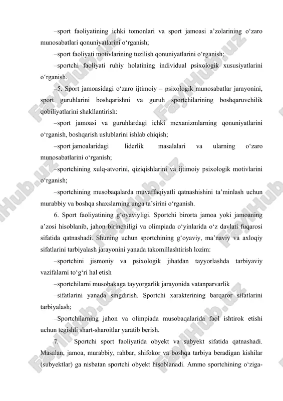 alan, jamoa, murabbiy, rahbar, shifokor va boshqa tarbiya beradigan kishilar (subyektlar) ga nisbatan sportchi obyekt hisoblanadi. ammo sportchining o‘ziga-o‘zi ongli munosabatda bo‘lishi subyekt vazifasini bajaradi. bularning barchasi uning sportdagi mahoratini takomillashtirish imkoniyatini beradi. sport faoliyati ikki guruhdan tashkil topgan -bo‘ladi: – sport mashqlari; – sport musobaqalari. 8. sport faoliyatining motivlari. motiv psixologik tushuncha bo‘lib, inson ichki sifatlarining aniq bir faoliyat turiga nisbatan uyg‘onishidir. motivlar har xil bo‘ladi: · sport musobaqalarining faoliyat motivlari; · axloqiylik, intizomlilik (burch, vatanparvarlik) motivlari; · ishontirish motivlari; · sportchining raqibiga munosabat motivlari; · murabbiy va tomoshabinlarga bo‘lgan motivlar; · musobaqalashish motivlari; · gigiyena va ozodalik motivlari; · rag‘batlantirish motivlari kabilar. masalan, inson nimalarni xohlaydi, nimalarga qodir, nimalarga intiladi, u qanday kishi, nima uchun bu ishni bajaradi, talaba nima uchun sport bilan shug‘ullanadi. motivlarning faolligi, yo‘nalishi sportchining to‘siqlarni yengib o‘tishida namoyon bo‘ladi. bular faqat sportchining irodaviy faolligi yordamida bajariladi. hozirgi davrda sport psixologiyasi fani sportchilar va murabbiylarga …