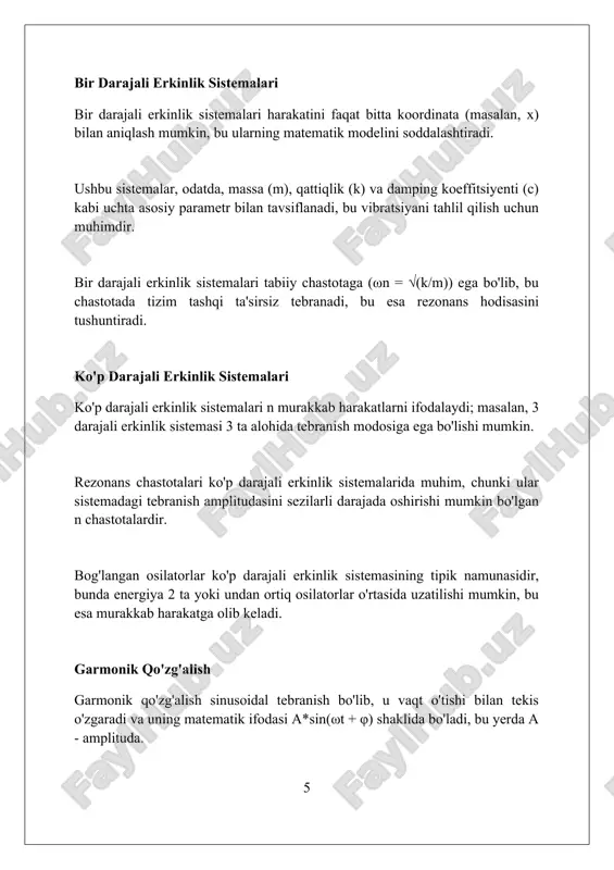 l analiz, finite element method (fem) kabi numerik usullar qo'llaniladi, bu jarayonlar aniqlikni oshirishga yordam beradi. vibratsiya muammolarini hal qilishda chastotali domen analizi muhim rol o'ynaydi, chunki u vibratsiya spektrini aniqlash va asosiy chastotalarni topishga imkon beradi. xulosa mexanik tebranishlar muhandislikda muhim ahamiyatga ega bo'lib, tuzilmalar barqarorligini ta'minlash va noqulay ta'sirlarni minimallashtirish uchun chuqur tushunishni talab qiladi. foydalanilgan adabiyotlar 1. rao, s. s. (2019). mexanik tebranishlar (6-nashr). pearson education. 2. inman, d. j. (2017). muhandislik tebranishlari (4-nashr). pearson education. 3. thomson, w. t., dahleh, m. d. (1998). tebranishlar nazariyasi va qo'llanmalari. prentice hall. 4. meirovitch, l. (2001) 0 0 0 7