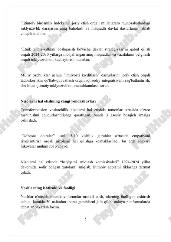 h, har yili kamida 3 ta interetnik madaniy loyihalarni moliyalashtirish va 90% maqsadga erishish muhim. interetnik kelishmovchiliklarni oldini olish uchun, 24 soatlik ishonch telefon liniyasi tashkil etish va har oyda 100 dan ortiq fuqaroga psixologik yordam ko'rsatish zarur. xulosa etnoslararo munosabatlardagi innovatsion jarayonlar oʻzaro hurmat, hamkorlik va madaniy boylikni oshirish orqali barqaror rivojlanishga xizmat qiladi. foydalanilgan adabiyotlar 1. etnoslararo munosabatlarda innovatsion jarayonlar: nazariya va amaliyot. toshkent: fan, 2023. 2. ko'p madaniyatli jamiyatda interaktiv texnologiyalarning roli. "jahon siyosati" jurnali, 2022, 3-son. 3. etnik nizolarni hal etishda yangi yondashuvlar: global tajriba. samarqand davlat universiteti ilmiy axborotnomasi, 2021, 6-son. 4 0 0 0 7