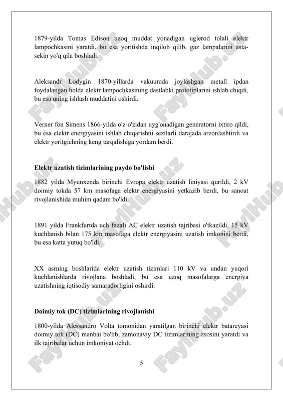 yadroviy sintez texnologiyasi rivojlanishi, kelajakda arzon va cheksiz energiya manbai bo'lishi mumkin. tadqiqotlar 2030-2040 yillarda tijorat yadroviy sintez reaktorlarining paydo bo'lishi ehtimolini ko'rsatmoqda. kelajakda elektr energiyasini saqlash uchun akkumulyator texnologiyalari, shu jumladan, litiy-ion batareyalaridan tashqari yangi texnologiyalar, masalan, qattiq holatli batareyalar va vodorod energiyasi saqlash tizimlari muhim rol o'ynaydi. xulosa elektr energiyasining rivojlanishi jamiyatni tubdan o'zgartirdi, innovatsiyalarni rag'batlantirdi va hayot sifatini yaxshiladi, ammo barqarorlik va tenglikka e'tibor qaratish muhim. foydalanilgan adabiyotlar 1. dorf, r. c., svoboda, j. a. (2010). elektrotexnika sxemalari. (8-nashr). jon vily va o‘g‘illari. 2. hughes, t. p. (1983). amerika elektr yorug'ligi asri, 1880-1930. alfred a. knopf. 3. millikan, r. a., gale, h. g. (1920) 0 0 0 7