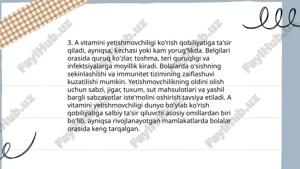 shuningdek, kunlik oziq-ovqat ratsioniga vitaminli komplekslarni qo'shish ham foydali bo'lishi mumkin. yog'li baliq, avakado va yong'oqlar e vitamini uchun manba bo'lib xizmat qiladi. ... t.me/slaydai_bot bolalarda vitamin yetishmovchiligi bolalarning sog‘lig‘iga salbiy ta’sir ko‘rsatishi mumkin. d vitamini yetishmovchiligi suyakning yumshashi va raxit kasalligiga olib kelishi mumkin. a vitamini yetishmovchiligi ko‘z nurining yomonlashishiga va teri muammolariga sabab bo‘lishi mumkin. c vitamini yetishmovchiligi esa immunitetni zaiflashtirishi va tez charchashga olib keladi. bolalarda temir yetishmovchiligi anemiya bilan bog‘liq bo‘lib, kuchsizlik va tana o'sishini sekinlashtirishi mumkin. o‘z vaqtida vitaminlar bilan ta’minlash orqali bu muammolarning oldini olish muhimdir. bolalar uchun vitaminlar tavsiyalariga ko‘ra oziq-ovqat orqali tabiiy ravishda ta’minlanishi lozim. ... t.me/slaydai_bot 13. keksalarda vitaminlar yetishmovchiligi 13 yoshdagi bolalarda vitaminlar yetishmovchiligi o'sishini kechiktirish, immunitet zaifligi va umumiy sog'liqni muammolariga olib kelishi mumkin. masalan, d vitamini yetishmasligi suyak va tishlar rivojlanishida muammolarga sabab bo'ladi, c vitamini kamligi esa infeksiyalarga qarshi kurashish qobiliyatini pasaytiradi. jahon sog'liqni saqlash tashkiloti ma'lumotlariga …