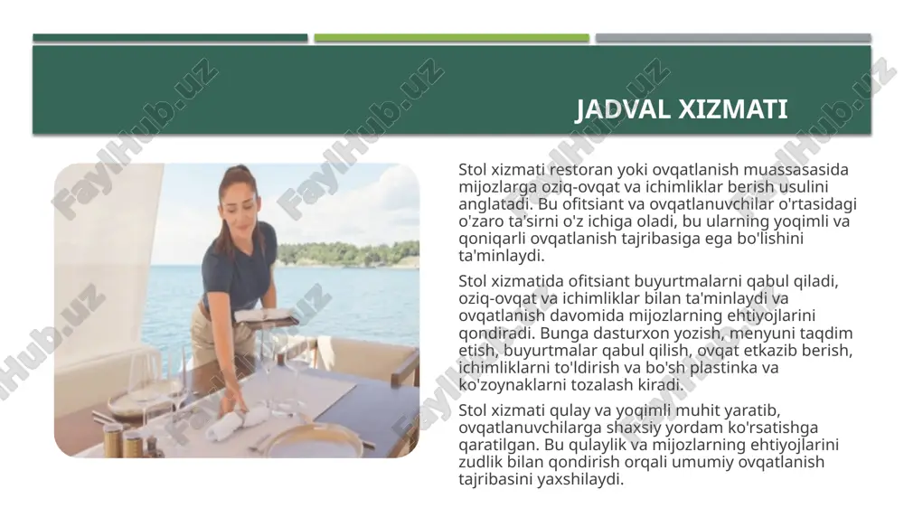 iriladi yoki ularning soni chaqirilganda boshqa belgilangan nuqtadan olinadi. 5. maxsus xizmatlar u maxsus xizmat deb ataladi, chunki u oziq-ovqat va ichimliklar xizmati uchun mo'ljallanmagan joylarda oziq-ovqat va ichimliklar bilan ta'minlaydi. maxsus xizmat an'anaviy orqasida ketadi bir rohatlariga va moslashtirilgan ovqat tajribasi. bu mijozlar uchun noyob va unutilmas muhitni yaratishga qaratilgan bo'lib, ko'pincha xona xizmati, laganda xizmati yoki uyga etkazib berish kabi elementlarni o'z ichiga oladi. ushbu yondashuv, ayniqsa, yuqori darajadagi restoranlarda, mehmonxonalarda va umumiy ovqatlanish xizmatlarida keng tarqalgan. maxsus xizmatlar individual imtiyozlarni qondirish uchun maqsad, e'tibor va g'amxo'rlik qo'shimcha qatlamini taklif, qilish diners qimmatli va ishtirok his. xona ichidagi ovqatlanishning hashamati yoki etkazib beriladigan ovqatlanishning qulayligi bo'ladimi, maxsus xizmatlar muayyan ehtiyoj va istaklarni qondirish orqali umumiy ovqatlanish tajribasini yaxshilaydi. menyularni tatib ko'rish tatib menyu ovqat xizmatlar diners kichik bo'limlari diqqat tayyorlangan taomlar turli tatib mumkin pazandalik tajriba ta'minlash. ushbu menyular bir taomda turli xil lazzatlar, to'qimalar va ingredientlarni boshdan …