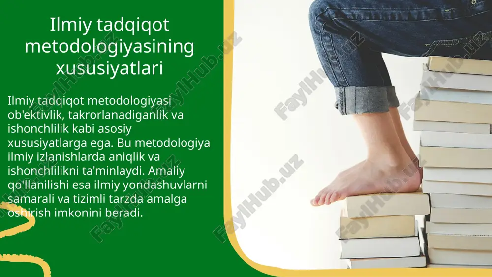 ga asos bo'ldi. ular fan sohasida muhim rol o'ynaydi. kelajakda ai, big data kabi texnologiyalar yangi metodlarni shakllantiradi va ilmiy izlanishlarni yangi bosqichga olib chiqadi. prezentatsiya davomida o'rganilganlar asosida, kelajak uchun innovatsiyalar va yangi yondashuvlarga tayyorgarlik ko'rish muhim. foydalanilgan adabiyotlar 1. o‘rmonov, d. ilmiy metodologiyaning rivojlanishi va tarixiy jarayoni. toshkent davlat universiteti, 2018. 2. karimov, s. ilmiy metodlarning asosiy bosqichlari va yutuqlari. fan va metodika jurnal, 2020. 3. islomov, m. tarixiy misollar yordamida ilmiy metodologiyaning rivojlanishini tushuntirish. o‘zbekiston ilmiy-tadqiqot markazi, 2019. 4. yusupov, a. ilmiy metodologiyaning zamonaviy tendensiyalari va istiqbollari. o‘zbekiston milliy universiteti nashriyoti, 2021. 5. rahimov, f. ilmiy tadqiqot metodologiyasining tarixiy rivojlanishi. fan va texnika, 2017. e'tiboringiz uchun rahmat! designed by slides carnival image1.png image2.png image3.png image4.png image5.png image6.png image7.png image8.png image9.png image10.png image11.png image14.png image15.png image16.png image27.jpg image20.png image21.png image22.png image12.png image13.png image17.png image18.png image19.png image23.png image25.png image26.png image24.png