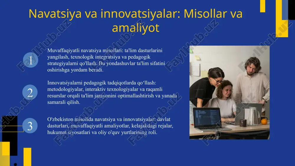 ing ta'lim jarayonidagi o'rni. o'zbekiston respublikasi ta'lim vazirligi nashri, 2020. 2. islomov a. innovatsiyalarni ta'limda joriy etishning zamonaviy usullari. toshkent: ilmiy nashrlar markazi, 2019. 3. karimov s. pedagogik tadqiqotlarda innovatsiyalar va navatsiya jarayonlari. o'zbekiston pedagogika jurnali, 2021, 5(3), 45-60. 4. tursunov m. ta'lim sohasida innovatsiyalarni baholash va rivojlantirish usullari. toshkent: fan va ta'lim nashriyoti, 2022. 5. yusupov d. navatsiya va innovatsiyalar texnologiyalari: nazariyalar va amaliyot. samarqand: yangi dunyo nashriyoti, 2018. e'tiboringiz uchun rahmat! designed by slides carnival image1.png image2.png image3.png image4.png image5.png image6.jpg image7.png image8.png image9.png image23.png image21.png image27.jpg image14.png image15.png image16.png image17.png image18.png image10.jpg image11.png image12.png image22.jpg image19.png image20.png image28.jpg image29.jpg image24.png image25.png image26.jpg