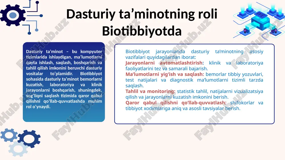 i saqlash va tezkor tahlil qilish imkonini beradi. kelajakda sun’iy intellekt, big data, robototexnika va genomik ma’lumotlarni integratsiyalash orqali biotibbiyot jarayonlarini yanada optimallashtirish, personalizatsiyalashgan davolashni rivojlantirish va masofaviy monitoring imkoniyatlarini kengaytirish kutilmoqda. shunday qilib, dasturiy tizimlar biotibbiyotning sifatini oshirish, klinik qaror qabul qilishni qo‘llab-quvvatlash va bemor xavfsizligini ta’minlashda muhim ahamiyatga ega bo‘lib, tibbiyotning kelajakdagi rivojlanishida asosiy yo‘nalish sifatida xizmat qiladi. image1.png image2.png image3.svg image4.png image5.png image6.png image7.jpeg image8.jpeg image9.png image10.png image11.svg image12.png image13.svg image14.png image15.jpeg image16.png image17.png image18.svg image19.png image20.svg /docprops/thumbnail.jpeg