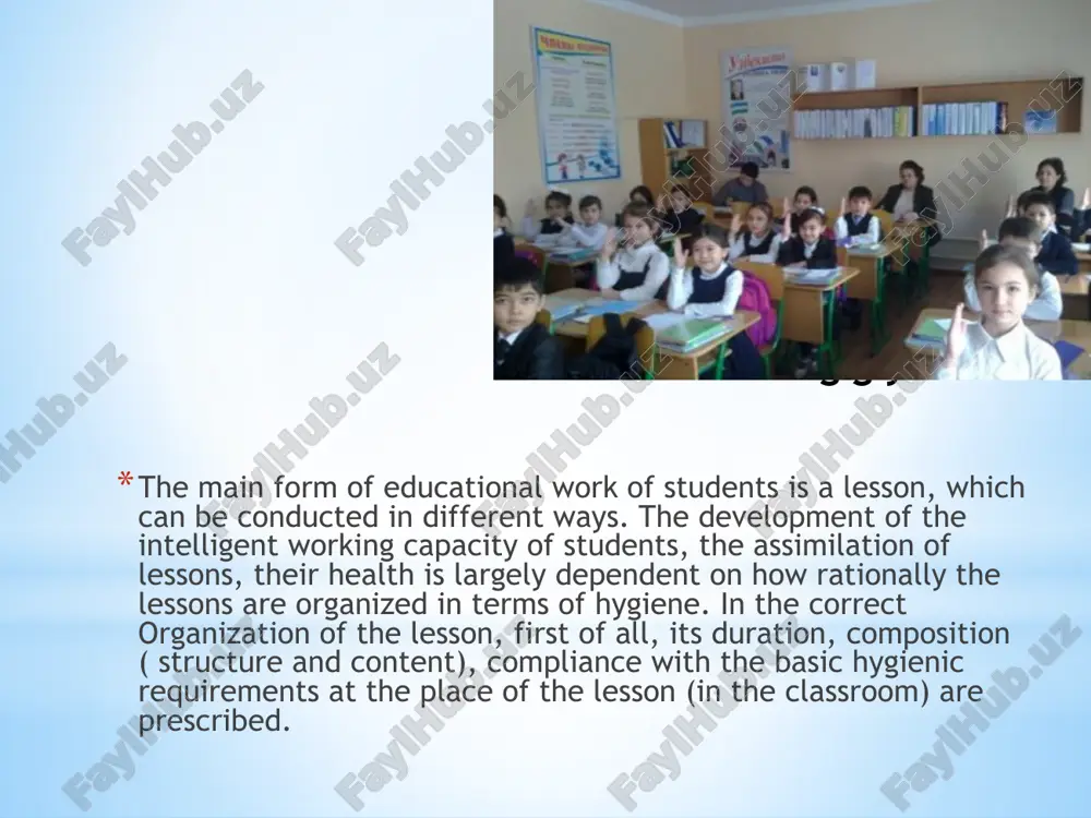 nning classes in winter, some students fall asleep during the lessons. this is caused by an increased content of uglerod (iv) oxide in the room air. therefore, during the break and during the lesson it is necessary to open the fortochka and refresh the class air. the total level of fortochka should be equal to 1g’50 of the threshold level. for each occupant in the class room should correspond to 4,5-5 m3 air. during the one-hour lesson, 16-26 m3 of air is designed for each pupil. therefore, in winter, during the lesson, it is necessary to open fortochka or framugas every 10-15 minutes for 0,5, 1,0 minutes, so that the air is refreshed, and in the warm seasons of the year during the lesson the class windows hygienic requirements for class equipment. hygiene of rubbing in batches and on a chair. children's cad-comatose begins to form from a very young …
