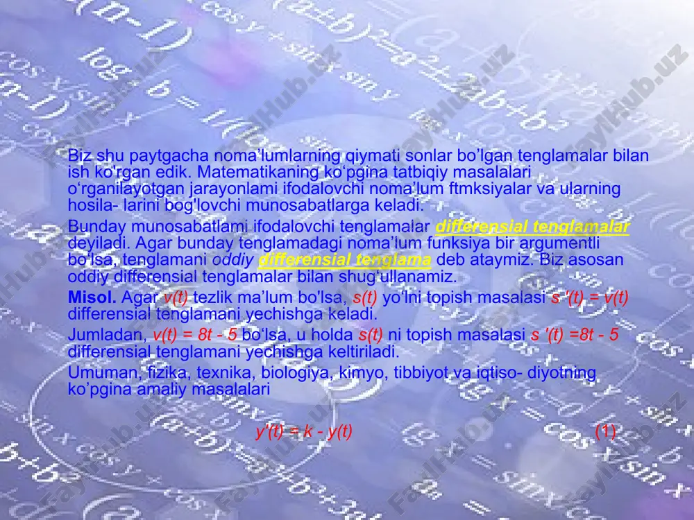 odalarni berilgan tenglamaga qo‘ysak, tenglama ayniyatga aylanadi: c = c. demak, y = cx umumiy yechim. xususiy yechimni topish uchun y = cx ga oldin x = 1, y = 1 ni qo‘yamiz: c = 1. bunga mos xususiy yechim y = x bo‘ladi (3-rasm). endi y = cx ga x = 0, y = 0 ni qo‘yamiz: 0 = c ∙ 0. bu tenglik c ning bitta emas, balki har qanday qiymatida bajariladi, ya’ni (0; 0) nuqtadan cheksiz ko‘p y = cx to‘g‘ri chiziqlar o‘tadi (.3-rasm). (0; 0) nuqta differensial tenglamaning maxsus nuqtasidan iborat. 4-misol. tenglamani yechamiz. : yechish. tenglama ifodasi ustida zarar almashtirishlami bajarib, yechimni topamiz: yoki c - ixtiyoriy son. tenglamaning integral chiziqlari umumiy markazi o (0; 0) koordinatalar boshida joylashgan konsentrik aylanalardan iborat (4- rasm). bu holda 0(0: 0) nuqta undan birorta ham aylana (integral chiziq) o‘tmaydigan maxsus nuqta. demak, yechim markazi teshilgan nuqta bo‘lgan aylanalar …