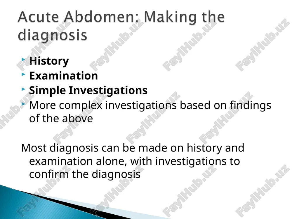 time consuming complex investigations should not be performed as they will only delay definitive treatment (emergency surgery) and add very little abc oxygen fluid resuscitation (large bore cannule, bloods, ivf, catheter) iv antibiotics (augmentin and metronidazole) analgesia surgery (with or without preceeding ct depending on availability and stability of patients) image1.png image2.png image7.png image8.png image9.png image10.png image11.png image12.png image13.png image14.jpeg image15.png image16.png image17.png image18.png image19.png image20.png image21.png image22.jpeg image4.png image5.png