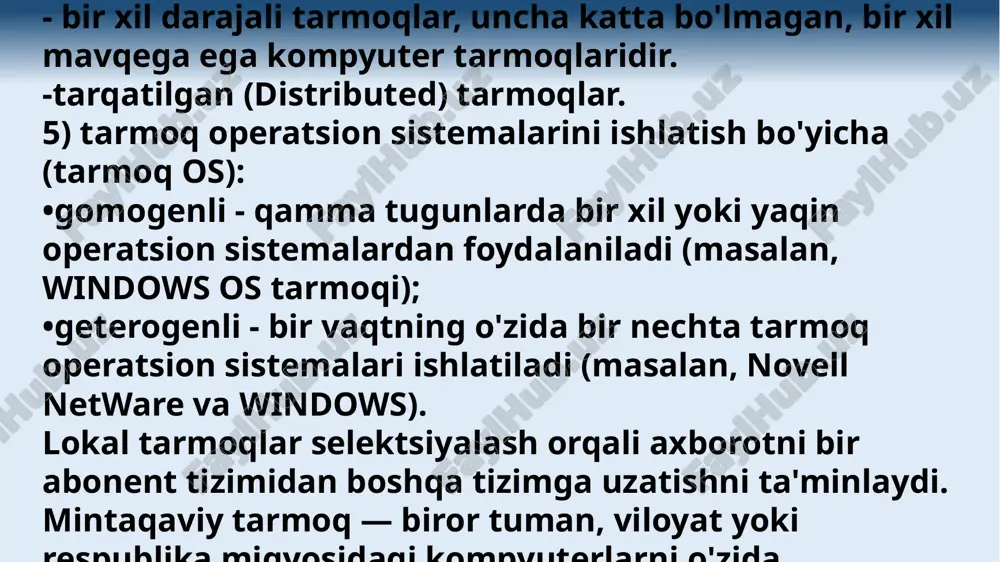 di. shu kabeldan telefon tarmog’i sifatida xam foydalanishingiz mukin. bunday ulanishda ma’lumot almashish tezligi 100mb/sek gacha boradi. 19 wi-fi standarti. wi-fi- texnologiyasi orqali kattaroq masofa va tezlikka erishsak bo'ladi. wi-fi standartini keng tarqalgan 3 xil turi mavjud: ieee 802.11a, b, g, n. ma'lumotlarni uzatishda 2,4-2,5 ggts chastotadan foydalaninilib, 11-54 mbit/sek tezlikka erishish mumkin. masofa 100-400 metr. 20 gprs orqali biror uyali telefonlar kompanisi yordamida internetga kompyuterni ulash uchun usb kabelg’, infraqizil port yoki bluetooth kerak bo’ladi. bu usul simsiz ulanish usuli deb xam ataladi. uning ma’lumot almashish tezligi uyali aloqa operatoriga bog’liq. uning narxi modemli bog’lanish usulidagidan taxminan 2 baravar qimmatroq bo’lib, unda faqat uzatilgan va qabul qilingan axborot mb lariga haq to’lanadi. 21 radio to’lqin orqali bog’lanish simsiz ulanish turiga kirib, maxsus antennalar yordamida amalga oshiriladi. unda foydalanuvchi kompyuteriga radiomodem va antenna o’rnatiladi. bunda ishlatiladigan qurilmalar narxi baland. antenna provayder antennasini ko’rib turishi kerak. ma’lumot olish tezligi 2 mb/sek …