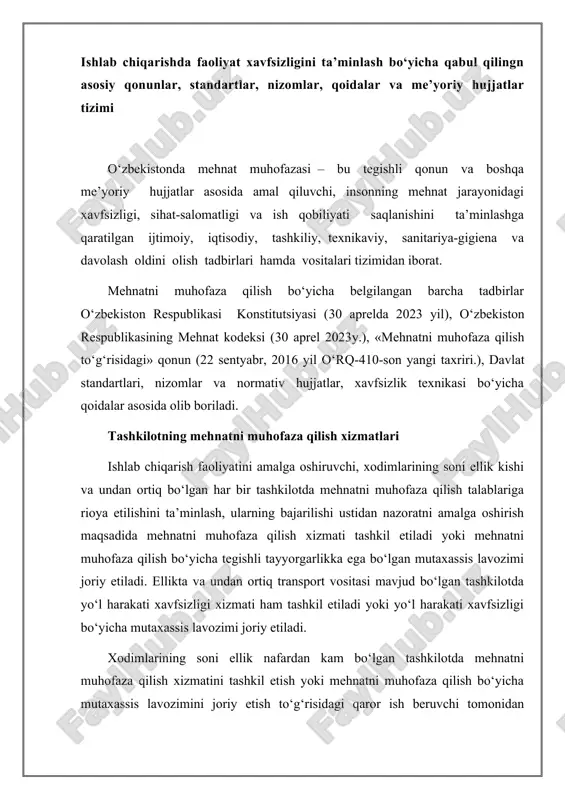 maqsadida mehnatni muhofaza qilish xizmati tashkil etiladi yoki mehnatni muhofaza qilish bo‘yicha tegishli tayyorgarlikka ega bo‘lgan mutaxassis lavozimi joriy etiladi. ellikta va undan ortiq transport vositasi mavjud bo‘lgan tashkilotda yo‘l harakati xavfsizligi xizmati ham tashkil etiladi yoki yo‘l harakati xavfsizligi bo‘yicha mutaxassis lavozimi joriy etiladi. xodimlarining soni ellik nafardan kam bo‘lgan tashkilotda mehnatni muhofaza qilish xizmatini tashkil etish yoki mehnatni muhofaza qilish bo‘yicha mutaxassis lavozimini joriy etish to‘g‘risidagi qaror ish beruvchi tomonidan mazkur tashkilot faoliyatining o‘ziga xos xususiyati hisobga olingan holda qabul qilinadi. mehnatni muhofaza qilish xizmati va yo‘l harakati xavfsizligi xizmati tashkilotning mustaqil tarkibiy bo‘linmalari bo‘lib, ular bevosita tashkilot rahbariga bo‘ysunadi. mehnatni muhofaza qilish xizmati mutaxassislari mehnatni muhofaza qilish qoidalari va normalariga barcha xodimlar tomonidan rioya etilishini nazorat qilish, tarkibiy bo‘linmalarning rahbarlariga aniqlangan qoidabuzarliklarni bartaraf etish to‘g‘risida ijro etilishi majburiy bo‘lgan ko‘rsatmalar berish, shuningdek mehnatni muhofaza qilish masalalari bo‘yicha texnik jihatdan tartibga solish sohasidagi normativ hujjatlar va normativ-huquqiy hujjatlar …