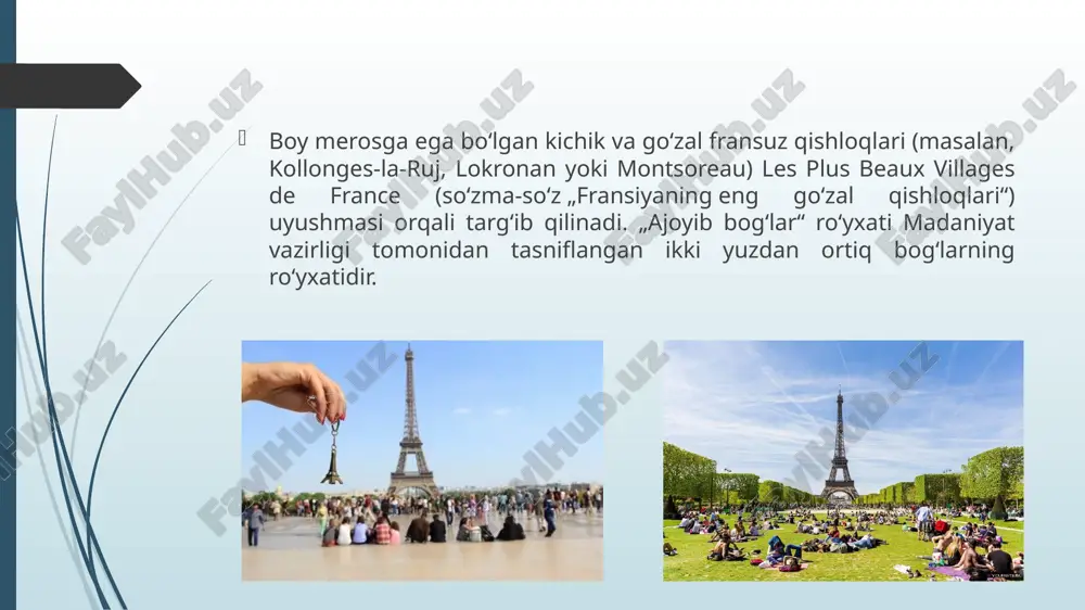 zas kabi mintaqalarda ham go'zal qishloqlar mavjud. 6. fransiyada dunyodagi eng yirik muzeylar va san’at kolleksiyalari joylashgan. luvr muzeyi, orse muzeyi va pompidu markazi kabi muzeylar san'at ixlosmandlari uchun tashrif buyurishi shart. 7. fransiya gastronomiyasi bilan ham mashhur. frantsuz oshxonasi butun dunyoga mashhur bo'lib, ko'plab mazali taomlarni o'z ichiga oladi. misol uchun, ekargot (eskargot), fua gra (yog'li o'rdak yoki fua gra) va krem-bryulée kabi mashhur taomlar faqat frantsiyaga xosdir. 8. fransiya tarixiy qasrlari bilan ham mashhur. luara vodiysida ko‘plab qal’alar joylashgan bo‘lib, u “qal’alar o‘lkasi” nomi bilan mashhur. chateau de chambord, château de chenonceau va chateau de versal kabi qal'alar sayyohlarning e'tiborini tortadigan muhim binolardandir. bu qiziqarli omillar fransiya turizmining xilma-xilligi va boyligini aks ettiradi. frantsiyaga tashrif buyurgan sayyohlar tarixiy, madaniy va tabiiy go'zalliklarni o'rganish uchun ko'plab imkoniyatlarni topadilar. e’tiboringiz uchun rahmat