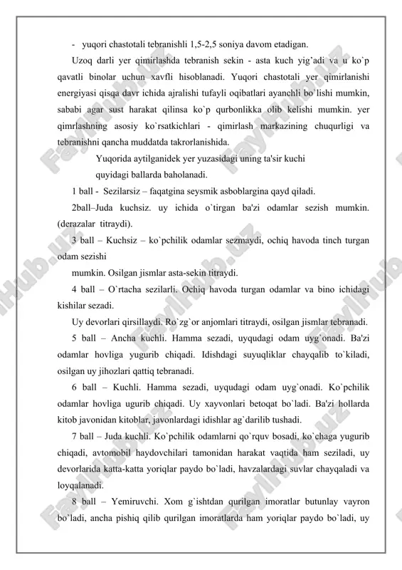 1 ball – fojeali. hamma imoratlar deyarli vayron bo`ladi, to`g`on va dambalar yorilib ketadi, temir yo`llar butunlay ishdan chiqadi, yerning ustki qismida katta-katta yoriqlar paydo bo`ladi, yer ostidan loyqa balchiqlar ko`tarilib chiqadi, surilish, qulash hodisalar nihoyasiga etadi. 12 ball - kuchli fojeali. erning ustki qismida katta o`zgarishlar yuz beradi. inson barpo etgan imoratlar vayron bo`ladi, daryolarning o`zani o`zgarib sharsharalar paydo bo`ladi, tabiiy to`g`onlar vujudga keladi. 1.temir yo`l transportida avariya va fojia bo`lishining asosiy sababi: yo`llarning to`g`ri bo`lmasligi, harakatlanuvchi tarkibning kamchilikka ega bo`lishi, ya'ni boshqarishda texnik nosozliklarning mavjudligi (signal bo`lmasligi va b.) yurish qoidalarining buzilishi va boshqa sabablardir. bundan tashqari temir yo`llarda avariyalar: poezdlarning izdan chiqib ketishi, bir-biri bilan to`qnashishi, yong`in chiqishi va vagonlarda olib ketilayotgan portlovchi moddalarning portlashi bilan ham sodir bo`ladi. yana temir yo`l transportlarida avariya va fojialar tabiiy ofatlar natijasida ham sodir bo`lishi mumkin. aviatexnikani qo`ndirish chog`da qidiruv, avariya-qutqaruv, birinchi tibbiy yordam ko`rsatish, ko`chirish hamda fuqarolar muhofazasining boshqa …