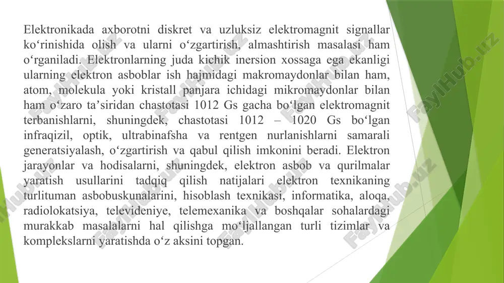 asi yarimoʻtkazgichli asboblar (diodlar, tranzistorlar) yaratish va dielektrik elektronika, magneto elektronika, akusto elektronika, pyezoelektronika, krio elektronika kabi yoʻnalishlarga ega. kvant elektronikasining asosiy yoʻnalishlari lazer va mazerlar yaratish, bu asboblarni turli amaliy masalalarni hal qilishga (masofani aniq oʻlchash, vaqt va chastota etalonlarini yaratish, energiyani uzatish, uzoq kosmik aloqa, tibbiyot va ishlab chiqarishning baʼzi sohalarida maʼlum vazifalarni bajarishga) joriy etishdan iborat. elektronika asboblari materiallarini olish va tayyorlash masalalarini materialshunoslik fani hal qiladi. elektron asboblar texnologiyasi murakkab boʻlganligi uchun barcha texnologik jarayonlarni avtomatlashtirish talab qilinadi. elektron asboblar texnologiyasi bilan bogʻliq boʻlgan masalalar mashinasozlik sanoatida elektron mashinasozligi tarmogʻining paydo boʻlishiga olib keldi. elektronika oldida boshqaruv, hisoblash, aloqa va oʻlchash elektron tizimlarida qayta ishlanuvchi maʼlumotlar miqdorini, integral sxemalar samaradorligini oshirish, stereotelevideniye prinsiplari va vositalarini ishlab chiqish, amalga oshirish, millimetrli va santimetrli diapazonda ishlovchi oʻta yuqori chastotali elektronika asboblarini yaratish, mukammallashtirish, kristall panjara boʻshliqlari - kanallarida harakatlanuvchi zarralar xossalaridan foydalanib generatorlar, kuchaytirgichlar kabi turli elektronika asboblari …