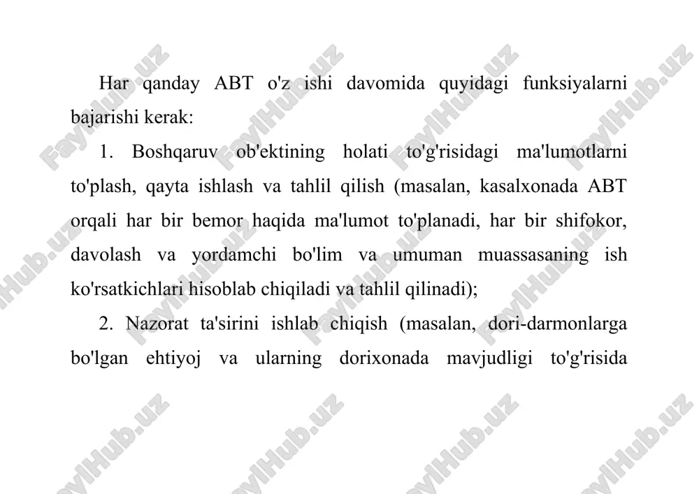 . 4. ustuvor vazifalar majmuasini aniqlash. (axborot tizimining ayrim qismlari-ni ishlab chiqish va amalga oshirish tartibi belgilanadi. tizim tahlili natijasida tanlangan avtomatlashtirishning ustuvor vazifalari majmuasi abtni yaratish bo'yicha keyingi ishlarning yo'nalishi va bosqichlarini belgilaydi). 5. avtomatlashtirishning huquqiy ta'minotini ishlab chiqish va muassasaning tashkiliy tuzilishini o'zgartirish. (sog'liqni saqlash muassasalari xodimlarining huquq va majburiyatlari doirasi, shuningdek noaniqlik sharoitida xatti-harakatlar-ning asosiy yo'nalishlari aniqlanadi. tarkibiy bo'linmalarning bir-biri bilan, ma'muriyat va tashqi tashkilotlar o'rtasidagi munosabatlar tartibi belgilanadi). 6. texnik shartlarni ishlab chiqish. (abtni ishlab chiqish uchun asosiy ma'lumotlar, bajarilishi kerak bo'lgan vazifalarga qo'yiladigan talablar, shuningdek texnik kompleks, tizimning axborot va matematik ta'minoti taqdim etiladi). 7. dasturiy ta'minot vositalarini ishlab chiqish yoki o'zgartirish. 8. amalga oshirish. (tizimning belgilangan funksiyalarining bajarilishini tekshirish, tizim harakatlaridagi kamchiliklarni aniqlash va bartaraf etish va ishlab chiqilgan hujjatlar). 1. topshiriq. katta ko'p tarmoqli shifoxonaning avtomatlashtirilgan shifoxona axborot tizimi (shat) dasturiy ta'minotining tarkibiy sxemasi bilan tanishing. 2. taklif etilayotgan davolash-profilaktika muassasasining avtomatlashtiril-gan shifoxona …