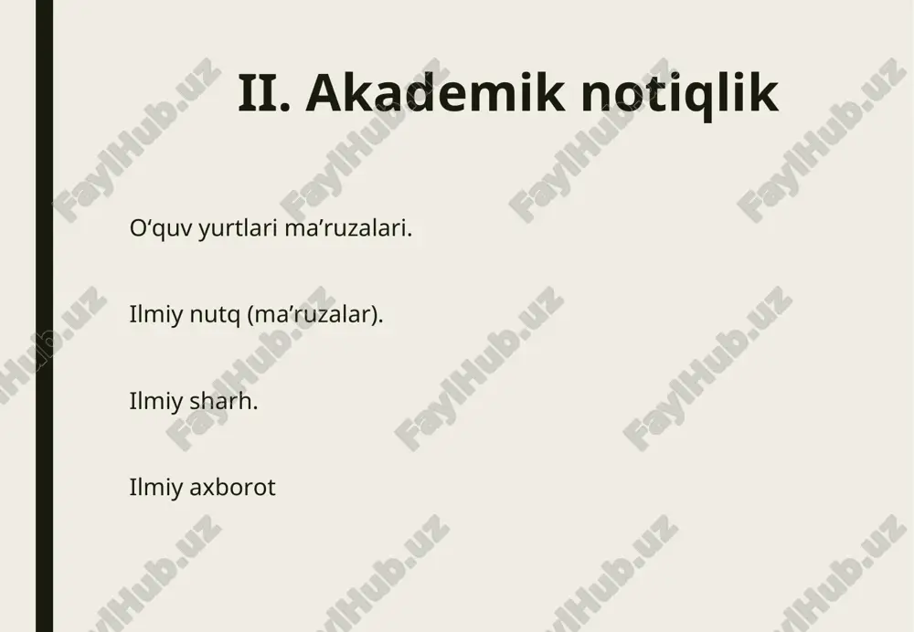 bo’lsa, xatolarning oldini oluvchi narsalarni o’z ichiga oladi. uning aqlga munosabati grammatika san`atining tilga munosabati kabidir. 1 m.m.xayrullaev. forobiy. -t.: 1991. 3-bet. abu ali ibn sino (980-1037). o’rta asr sharqining buyuk allomalari orasida mashhur tabib, faylasuf, shoir abu ali ibn sino alohida o’rin tutadi. uning turli sohalar bilan birga ta`lim – tarbiya, axloq va nutq haqida ham fikrlari mavjudki, ular bilan yaqindan tanishish notiqlik san`atini mukammal o’rganishga yordam beradi. yaxshi do’st qaysi yo’l bilan axloqiy kamchiliklarni tuzatishda boshqalarga yordam berishi mumkinligi masalasiga ibn sino alohida e`tibor beradi va notiq quyidagilarga amal qilishi lozim deb biladi: nasihat (nutq - b.o’ va a.s) qo’pol ohangda berilishi kerak emas. suhbatdoshning ilm darajasini hisobga olish zarur. nasihatga (va`zxonlikka) ko’p berilmaslik kerak, uni o’rtoqlik suhbati tarzida olib borish kerak. unsurulmaoliy kaykovus unsurulmaoliy kaykovus kaspiy dengizining janubiy qirg`og`ida yashagan gilon qabilasidandir. u 412 - hijriy, 1021-1022 - milodiy yilida mayda feodal oilasida tug`ildi. «qobusnoma»ni 475-hijriy, 1082-1083 …