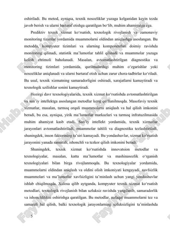 rdamida, apparatdagi muhim komponentlarning ishlash holati doimiy ravishda nazorat qilinadi va ularning yaroqsiz holatga kelish ehtimoli oldindan aniqlanadi. bundan tashqari, zamonaviy monitoring texnologiyalari sun'iy intellekt (si) va katta ma'lumotlar (big data) bilan birgalikda ishlash imkoniyatiga ega bo‘lib, ular yordamida kompyuter tizimlarining ishlashini optimallashtirish va prognoz qilish mumkin. sun'iy intellekt asosidagi algoritmlar, tizimlarning kelajakdagi muammolarini oldindan bashorat qilish va profilaktik ta'mirlashni amalga oshirish imkonini beradi. bu, ayniqsa, yirik ma'lumot markazlari va tarmoq infratuzilmasida muhim ahamiyatga ega bo‘lib, ularning uzluksiz va xavfsiz ishlashini ta'minlaydi. monitoring tizimlarining yana bir muhim afzalligi — masofaviy boshqaruv imkoniyatidir. bu orqali texnik xizmat ko‘rsatish jarayonlari, odatda, joylashgan joyidan qat'i nazar, masofadan boshqariladi va nazorat qilinadi. masofaviy texnik xizmat ko‘rsatish, ayniqsa, pandemiya yoki favqulodda vaziyatlarda juda muhim bo‘lib, u xizmat ko‘rsatish jarayonini xavfsiz va samarali qilish imkonini beradi. bu texnologiya yordamida, muhandislar va texnik xodimlar, masalan, tarmoq muammolarini, apparat nosozliklarini yoki dasturiy ta'minot muammolarini joyida bo‘lmasdan aniqlash va …