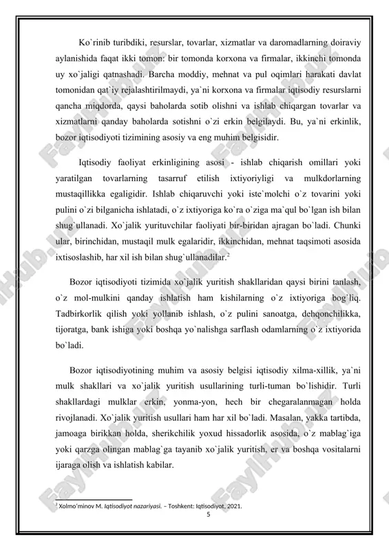 tisodiyotni tartibga soluvchi va nazorat qiluvchi kuch ham hisoblanadi. xulosa qilib aytish mumkinki, bozor iqtisodiyoti mulkchilik shakllari va xo`jalik yuritish usullarining xilma-xilligi, erkin iqtisodiy faoliyat va sog`lom raqobatga asoslangan tizimdir. bozor iqtisodiyotining o`ziga xos ijtimoiy adolat qoidalari bor. iqtisodiyotdagi resurslar, ishlab chiqarilgan tovarlar va xizmatlarni taqsimlash va shunga mos ravishda daromadga ega bo`lib, yuqori farovonlik darajasiga intilish adolat hisoblanadi. ammo adolat tamoyili hammani bir xil qilish emas, balki jamiyatni tabaqalashuvini bildiradi. iqtisodiy sub`ektlar o`z mehnatiga, uning samaradorligiga, ishbilarmonligiga va mulkiga qarab bir-biridan farqlanadi. shu sababli ularning daromadi, turmush darajasi va jamiyatdagi mavqei bir xil bo`lmaydi. tabaqalanish boylarga havas qilib, ularday bo`lishga intilishni hosil qiladi. bozor iqtisodiyoti shunday iqtisodiy munosabatlarki, ular ishlab chiqarish faoliyatini rag`batlantiruvchi kuchni yuzaga keltiradi. bozor regulyatorlari moddiy, mehnat va moliya resurslarini kerakli tovarlar va xizmatlarni ishlab chiqarish tomon buradi. u behuda mehnat sarfini tan olmaydi, aksincha, unga yo`l qo`yganlarni iqtisodiy jihatdan jazolaydi, ya`ni ular zarar ko`radi. bozor …