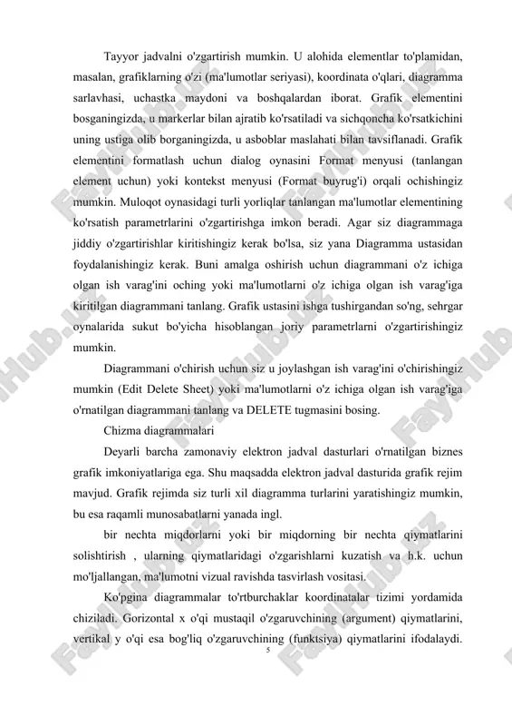 ri mavjud, ammo bular eng keng tarqalgan. i. bir nuqtada bir nechta qiymatlarni solishtirish uchun dumaloq diagramma qo'llaniladi. bu, ayniqsa, qiymatlar butun songa (100%) qo'shilganda foydalidir. a b 1 noutbuklar 2 2 qalamlar 13 3 noutbuklar 45 misol 1. dunno ofis jihozlarini sotadi: bloknotlar, qalamlar va daftarlar. faraz qilaylik, u bir kunda 2 ta bloknot, 13 ta qalam va 45 ta daftar sotdi. kun davomida qaysi mahsulot eng ko'p sotib olinganligini ko'rsatadigan doiraviy diagramma tuzing. keling, elektron jadval dasturining doiraviy diagrammani tuzish uchun ishlatadigan harakatlar ketma-ketligini ko'rib chiqaylik. nomidan ko'rinib turibdiki, aylana bo'ylab doiraviy diagramma chizilgan. doira 360 daraja. sotilgan narsalarning umumiy soni 60. bu har bir mahsulot uchun 360: 60 = 6 daraja borligini anglatadi. keling, "moddalarni darajaga" aylantiramiz: 13 daftar 2 x 6 = 12 darajaga to'g'ri keladi; 13 ta qalam - 13 x 6 = 78 daraja; 45 daftar - 45 x 6 = 270 daraja. endi …