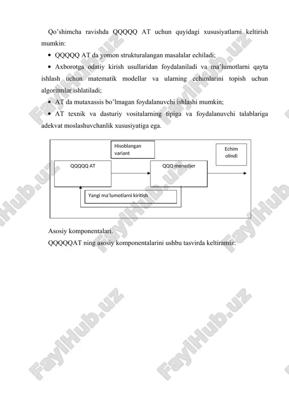 suniy intelektga asoslangan- ekspert tizimlari sohasida ro’y bermoqda. ekspert tizimlari menedjerga o’rganilayotgan muammoli sohaning ekspertlari-eng bilimdon xodimlarining shu sohada yig’ilgan bilimlardan foydalanish imkoniyatini beradi. suniy intelekt deganda kompyuterlarning odamga o’xshab fikr yuritish qobiliyatlari tushuniladi. bunga robotlar yaratish bo’yicha ishlar, odamning nerv tizimini yaratish, uning tovushi, eshitish, ko’rish, tam bilish, o’qish qobiliyatlarini modellashtirish bo’yicha ishlar kiradi. maxsus masalalarni echish maxsus bilimlarni talab etadi. lekin har qanday firma ham barcha sohalar bo’yicha ekspertlarni shtatga kiritish yoki kerak bo’lganda masalahatga taklif qilishga mablag’ ajrata olmaydi. firma ekspertlarning bilimlarini mb ga kiritib foydalanish imkoniyatini qidirishi mumkin. eat lar va qqqqqat lar bir qaraganda o’xshashga o’xshaydi, aslida ularni ajratib turuvchi uchta belgi bor. qqqqqat da xodim qabul qilgan qaror uning bilim darajasi bilan o’lchanadi. eat da qabul qilgan qaror ekspertning bilim darajasi bilan o’lchanadi va u xodimning bilim darajasidan ancha yuqori bo’lishi mumkin. qqqqqat da xodim qabul qilgan qaror tushuntirilmaydi, u xodimga bog’liq. eat da …