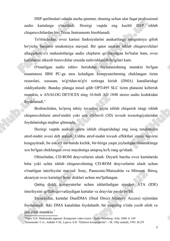 hlab chiqaruvchining cd-rom drayverlarini ulash uchun o'rnatilgan interfeyslar mavjud: sony, panasonic/matsushita va mitsumi. biroq, aksariyat ovoz kartalari sony disklari uchun mo'ljallangan. qattiq diskli kompyuterlar uchun ishlatiladigan standart ata (ide) interfeysini qo'llab-quvvatlaydigan kartalar va drayvlar paydo bo'ldi. ettinchidan, kartalar dualdma (dual direct memory access) rejimidan foydalanadi. ikki dma kanalidan foydalanib, bir vaqtning o'zida yozib olish va ijro etish mumkin.[footnoteref:7] [7: semenenko v.a., aididin v.m., lipova a.d. "elektron kompyuterlar", - m.: oliy maktab, 1991. b.239 ] va eng so'nggisi - telekommunikatsiyalarda audio texnologiyalarning barqaror joriy etilishi. ovoz kartalari vaqtning 90% o'yin uchun, qolgan 10% esa multimedia dasturlarida audio uchun sotib olinadi. [footnoteref:8]bunday holda, ishlash faqat dac (raqamli-analog konvertor) va audio kuchaytirgichga bog'liq. bundan ham muhimroq, sound blaster standarti bilan moslik, chunki barcha dasturlar kamroq tarqalgan standartlarni qo'llab-quvvatlamaydi. [8: o'sha yerda. 153-bet] ovoz kartalari to'plami drayverlar, yordamchi dasturlar, ovoz yozish va ijro etish dasturlari, taqdimotlar, ensiklopediyalar va o'yinlarni tayyorlash va tayyorlash uchun vositalarni …