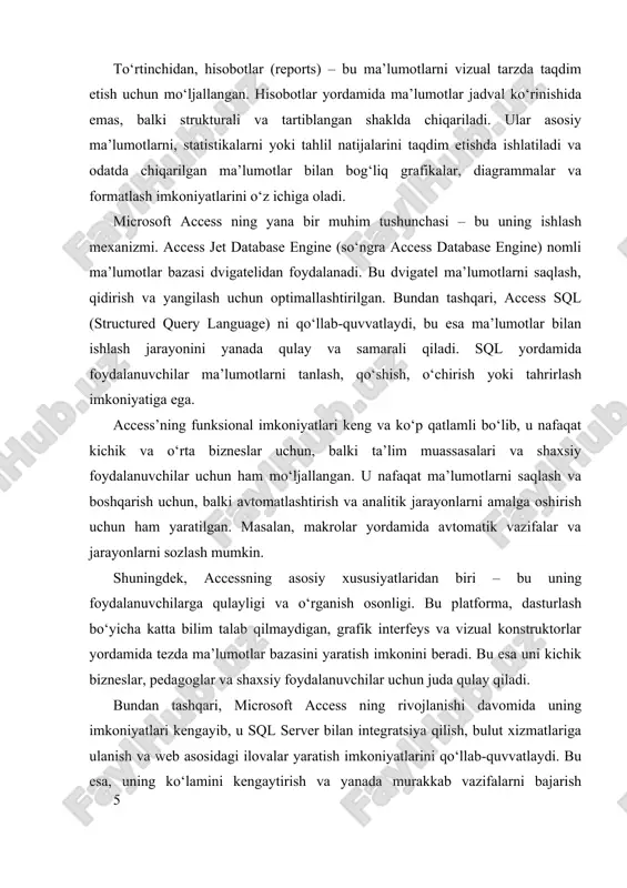 ingdek, uning keng imkoniyatlari va oddiyligi uni kichik va o‘rta bizneslar, ta’lim muassasalari va shaxsiy foydalanuvchilar uchun juda muhim vositaga aylantiradi. ii. amaliy misollar orqali access bilan ma'lumotlar bazasini yaratish amaliy misollar orqali microsoft access bilan ma'lumotlar bazasini yaratish jarayoni, odatda, dastlabki bosqichlardan boshlab, real hayotda keng qo‘llaniladigan amaliyotlarni o‘z ichiga oladi. bu jarayon foydalanuvchilarga bazani tuzishda qat’iy qadamlar va tushunchalarni o‘rgatadi, shuningdek, nazariy bilimlarni amaliyotga tatbiq etish imkonini beradi. microsoft access dasturida ma'lumotlar bazasini yaratish uchun avvalo, maqsadga muvofiq bo‘lgan ma'lumotlar tuzilishini belgilash, ya’ni jadvallarni va ularning orasidagi aloqalarni aniqlash muhimdir. birinchi bosqichda, foydalanuvchi ehtiyojlariga mos keladigan jadval strukturasini ishlab chiqadi. masalan, kichik biznes uchun mijozlar, mahsulotlar va buyurtmalarni saqlash uchun alohida jadvallar yaratish mumkin. har bir jadvalda ma'lumotlarni to‘g‘ri va tizimli ravishda saqlash uchun ustunlar (maydonlar) tanlanadi va ularning turlarini aniqlash lozim. masalan, mijozlar jadvalida ism, telefon raqami, manzil kabi ustunlar bo‘lishi mumkin. bu bosqichda, foydalanuvchilar amaliy misollar …