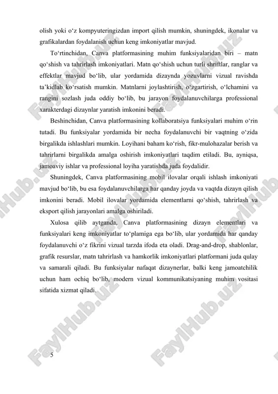 slarni rivojlantirish uchun muayyan mavzular bo‘yicha tayyorlangan vazifalar beriladi. bu vazifalar orqali ular o‘z g‘oyalarini vizual tarzda ifoda etish imkoniyatiga ega bo‘ladilar. praktik mashg‘ulotlar davomida ishtirokchilar o‘zlarining ishlash jarayonlarini baholash imkoniyatiga ega bo‘ladilar. o‘qituvchilar va tajribali dizaynerlar tomonidan beriladigan fikr-mulohazalar va tavsiyalar yordamida ular o‘zlarining kamchiliklarini aniqlab, ularni bartaraf etish uchun qanday ishlashni o‘rganadilar. bu jarayon, shuningdek, muammolarni hal qilish va kreativ yechimlar topish ko‘nikmalarini ham rivojlantiradi. bundan tashqari, praktik mashg‘ulotlar interaktiv bo‘lib, ular ishtirokchilarning to‘g‘ridan-to‘g‘ri savollar berishiga, muammolarni muhokama qilishiga va birgalikda yechimlar topishiga imkon yaratadi. bu esa, ayniqsa, yangi boshlovchilar uchun platformadan qanday foydalanishni o‘rganishda juda foydali bo‘ladi. mashg‘ulotlar davomida real loyiha tayyorlash jarayonida ularning kreativligi va texnik ko‘nikmalari sinovdan o‘tadi, shuningdek, ularning o‘z-o‘zini baholash va mustaqil ishlash qobiliyatlari rivojlanadi. natijada, praktik mashg‘ulotlar yordamida foydalanuvchilar canva platformasida kontent yaratish jarayonini to‘liq tushunadilar va o‘zlarining dizayn ko‘nikmalarini amaliy tarzda rivojlantiradilar. bu usul nafaqat nazariy bilimlarni mustahkamlashga xizmat qiladi, balki …