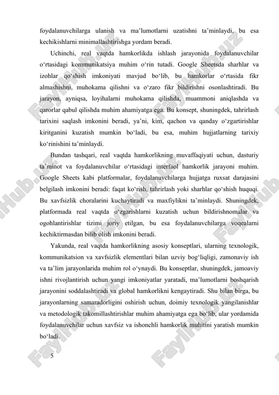 ript bo‘lib, u javascript asosida yozilgan va platformaga chuqur integratsiya qilinadigan skriptlarni yozishga imkon beradi. bu skriptlar yordamida, jadvaldagi ma’lumotlarni avtomatik tarzda yangilash, hisob-kitoblarni bajarish, bildirishnomalar yuborish yoki ma’lumotlarni tashqi tizimlarga eksport qilish mumkin. masalan, biror kompaniya moliyaviy hisobotlarni avtomatik ravishda yangilash uchun google apps scriptdan foydalanishi mumkin, bu esa inson xatosini kamaytiradi va jarayonni tezlashtiradi. bundan tashqari, google sheets va tashqi tizimlar o‘rtasida integratsiya qilish uchun api (application programming interface) imkoniyatlari keng qo‘llaniladi. google sheets api yordamida, dasturchilar platforma bilan to‘g‘ridan-to‘g‘ri aloqa o‘rnatib, ma’lumotlarni tashqi ilovalar, ma’lumotlar bazalari yoki veb-xizmatlar bilan sinxronlashtirishlari mumkin. bu integratsiya ishlab chiqarish jarayonlarini avtomatlashtirish, real vaqtda ma’lumotlarni olish va uzatish imkoniyatini oshiradi. masalan, onlayn savdo platformasi uchun google sheets api yordamida mahsulotlar, buyurtmalar va mijozlar ma’lumotlarini boshqarish mumkin. shuningdek, zapier, integromat va ifttt kabi tashqi avtomatlashtirish xizmatlari google sheets bilan kuchli integratsiya qilish imkoniyatini taqdim etadi. bu xizmatlar yordamida, turli platformalar va ilovalar o‘rtasida …