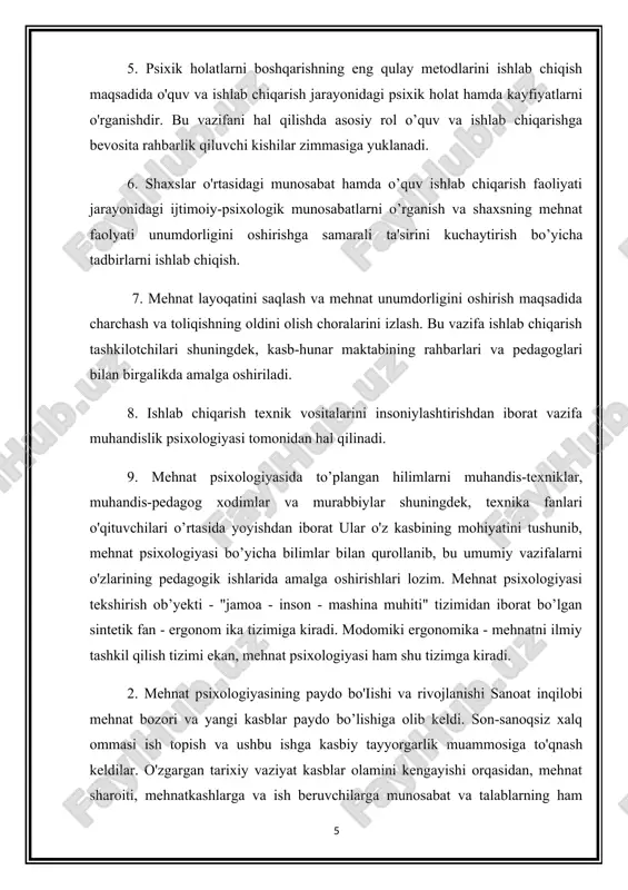 o'zgarishiga olib keldi. takomillashgan yangi mehnat qurollari va vositalarining paydo bo'iishi, o’z navbatida ko'p yillar mobaynida mehnat vazifalarini sifatli va unumli bajara oladigan, malakali xodimlarni talab etdi. davr talabiga ko'ra, kasbiy iayoqatlarni baholash va natijaiarga ko’ra, mos kasbni tanlash masalalari bo’yicha kasbiy psixologik maslahatlar berish yo'nalishi rivojlanishi natijasida — ish qidiruvchilarga kasbiy maslahat shaklida yordam mehnat birjalarida keng foydalanila boshlandi. mehnat faoliyatiga endigina qadam qo'yayotgan yoshlarni mehnatning qaysi turiga mos kelishlari borasida kerakli sinov testlari bilan tashhis qilish psixologik amaliyotga joriy etila boshladi. bundan tashqari, kasbiy saralash va o'z kasbiy yo'lini belgilab olish, kasbiy yaroqlilik masalalarini hal etish amaliy psixologiyada yana bir yangi soha — psixotexnikaning vujudga kelishiga olib keldi. psixotexnikaning asoschisi g.myunsterberg hisoblanadi. u 1913 yilda "psixologiya va ishlab chiqarish unumdorligi" va 1914 yilda "psixotexnika asoslari" asarlarida psixotexnikaga doir o'z nazariy qarashlarini yoritib bergan. psixotexnikaning asosiy tadqiqot vazifalari sifatida, m ehnat usullari va sharoitlarini yaxshilash, avariya va jarohatlanish holatlarini …