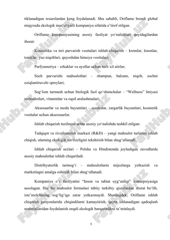 yatlari. kompaniya o‘z hamkorlariga o‘z biznesini boshlash, mustaqil daromad manbaiga ega bo‘lish imkonini beradi. bu yondashuv butun dunyo bo‘ylab millionlab ayollar uchun iqtisodiy mustaqillikka erishish yo‘lini ochgan. oriflame o‘zbekistonda 2000-yillarning boshidan beri faoliyat yuritadi. dastlab kompaniya o‘z mahsulotlarini rossiya orqali import qilgan bo‘lsa, hozirda to‘liq mustaqil distribyutorlik tarmog‘iga ega. so‘nggi uch yil ichida oriflame o‘zbekiston bozorida o‘z ulushini barqaror oshirib bormoqda. o‘zbekiston iste’molchilari orasida ayniqsa “wellness” seriyasi, “giordani gold”, “love nature”, “the one” va “novage” liniyalari katta talabga ega. kompaniya marketing strategiyasida onlayn reklama, blogerlar bilan hamkorlik va ijtimoiy tarmoqlarda interaktiv kampaniyalarni keng qo‘llamoqda. quyidagi jadvalda oriflame kompaniyasining o‘zbekiston bozoridagi so‘nggi uch yillik iqtisodiy ko‘rsatkichlari keltirilgan: 📊 jadval 1. oriflame kompaniyasining o‘zbekistondagi iqtisodiy ko‘rsatkichlari (2022–2024-yillar) yil sof tushum (mln so‘m) sof foyda (mln so‘m) bozor ulushi (%) distribyutorlar soni 2022 78 500 12 800 18,5 25 000 2023 89 600 15 200 19,7 27 300 2024 101 400 18 000 …