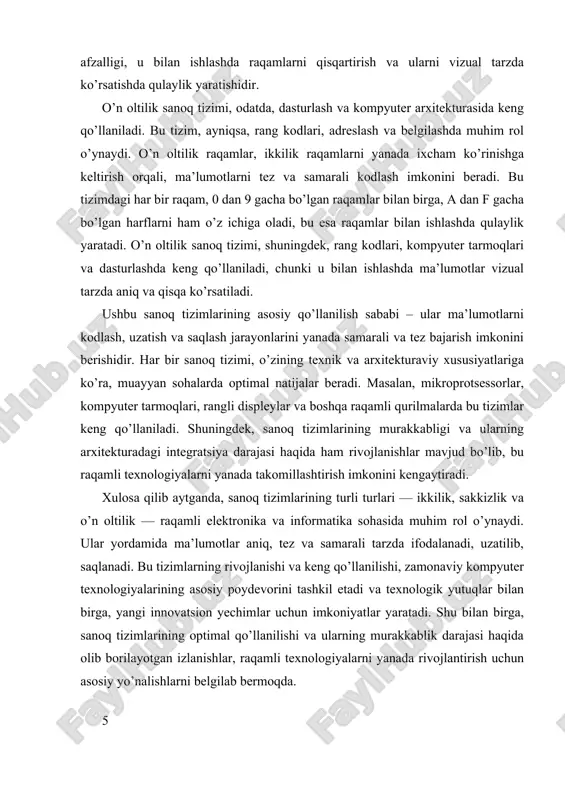 ki sakkizlik formatlardan foydalaniladi, chunki ular bilan ishlash va ko‘rsatish oddiyroq va ixchamroq bo‘ladi. misol uchun, rang kodlarida, url manzillarida yoki ip-manzillarda o‘n oltilik sanoq tizimi keng qo‘llaniladi. bu yerda, ranglarni kodlashda, har bir rang uchun o‘n oltilik kodlar ishlatiladi, bu esa aniq va tez uzatishni ta'minlaydi. bundan tashqari, programmalar va qurilmalar uchun sanoq tizimlari bilan ishlash uchun maxsus algoritmlar va kutubxonalar ishlab chiqilgan. misol uchun, c, c++, python kabi dasturlash tillarida, sanoq tizimlarini o‘zgartirish uchun tayyor funksiyalar mavjud. bu funksiyalar yordamida, masalan, 10-raqamli sonlarni 2-raqamli (binar) yoki 16-raqamli (hisadesimal) formatga aylantirish mumkin. bu jarayon dasturlashda, xususan, apparat darajasida, signalni kodlash va dekodlash uchun juda muhimdir. amaliyotda, sanoq tizimlaridan foydalanish mikroprotsessorlar, qurilma drayverlari, tarmoq protokollari, shuningdek, raqamli signallarni uzatish va qabul qilishda keng qo‘llaniladi. misol uchun, rang kodlarida ishlatiladigan o‘n oltilik kodlar, ranglarni aniq va samarali belgilash uchun ishlatiladi. kompyuter tarmoqlarida, ip-manzillar va portlar o‘n oltilik va sakkizlik formatlarida ko‘rsatiladi, …