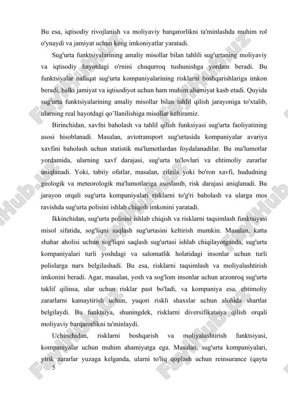 rik zararlar yuzaga kelganda, ularni to'liq qoplash uchun reinsurance (qayta sug'urta) shartnomalaridan foydalanadilar. bu orqali, katta zarar xavfi bo'lgan holatlarda, risklar katta kompaniya yoki jamiyat tomonidan taqsimlanadi. bundan tashqari, sug'urta kompaniyalari risklarni diversifikatsiya qilish va diversifikatsiya qilish orqali, kapitalni samarali boshqaradilar. bu jarayonlar, kompaniyaning moliyaviy barqarorligini ta'minlashga yordam beradi va sug'urta bozorining rivojlanishiga zamin yaratadi. yana bir muhim funktsiya — sug'urta mas'uliyatini bajarish. bu, sug'urta shartnomasi bo'yicha, zarar ko'rgan shaxs yoki korxona ga moliyaviy yordam ko'rsatishni anglatadi. masalan, avtomobil avariyasi yoki tabiiy ofat natijasida zarar ko'rgan mijozlar uchun, sug'urta kompaniyalari zarrarlarni qoplash uchun to'lovlarni amalga oshiradilar. bu funktsiya, insonlarning hayoti va moliyaviy barqarorligini ta'minlashda asosiy rol o'ynaydi. bundan tashqari, sug'urta kompaniyalari, muayyan ehtimoliy zararlarni hisobga olib, jamiyatda xavfsizlik va ishonch muhitini yaratadilar. shuningdek, amaliy misollar yordamida, sug'urta funktsiyalarining iqtisodiyotdagi o'rni yanada ochiqlanadi. masalan, qishloq xo'jaligi sug'urtasi fermerlarning hosiliga ta'sir qiluvchi tabiiy ofatlarga qarshi himoya bo'lib xizmat qiladi. bu orqali, fermerlar, …