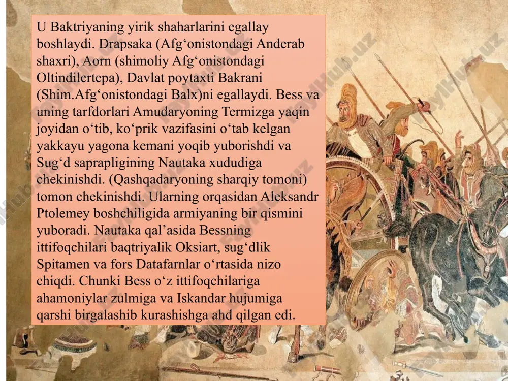 a’ni "olisdagi aleksandriya" deb nom qo‘ydi va unga yunon qo‘shinlarini, kasallarni, yaradorlarni, bolalar va keksalarni joylashtirdi. bu shaxarning qurilishi saklar uchun muammo bo‘lishini anglab, iskandar istehkomiga qarshi katta qo‘shin bilan yubordi. uni buzush uchun kursiy ruf ma’lumoticha, o‘z ukasi boshchilik qilgan. / hujumni birinchi bo‘lib iskandar boshladi. uning jangchilari o‘t ochar mashinalar bilan daryoni kechib o‘tadi. tadqiqotlar natijasida uning bekobod qishlog‘i yonidan, ya’ni sirdaryoning eng tor yeridan kechib o‘tilgan degan fikrlar bor. jang qattiq bo‘ldi. saklar iskandar siquviga bardosh bera olmadilar. 150 tasi asir olinadi. minglab saklar halok bo‘ladi. iskandar sahroning ichiga kirib boradi. lekin uning qo‘shinlari orasida me’da kasalligining tarqalishi, jazirama va suvsizlik ham askarlar noroziligiga sabab bo‘lgan. vaziyat iskandarni o‘z qo‘shinlari bilan aleksandriya esxata qal’asiga qaytishga majbur etdi. ko‘p o‘tmay, saklarning elchilari kelib, undan kechirim so‘raydi. iskandar esa ularni xayrixohlik bilan qabul qildi. uning maqsadi saklar bilan munosabatni yaxshilash edi. . spitamen rahbarligida makedoniyalik bosqinchilarga qarshi xalq harakati …
