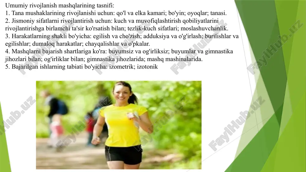 vaffaqiyatga erishish uchun yordam beradi. har kuni sport bilan shug‘ullanish sog‘lom hayot uchun asosdir. har birimiz uchun gimnastika mashqlari sog‘liq, kuch va mahoratni oshirishda muhim va foydalidir. keling, har kuni sport bilan shug‘ullanamiz va sog‘lom hayot tarzini targ‘ib qilamiz! mavzu: umumrivojlantiruvchi mashqlar va ularning xarakteristikasi “ ” reja: 1. yelka kamari va qo‘1 muskullarim rivojlantirish va mustaxkamlashga qaratilgan umumrivojlantiruvchi mashqlar. 2. dastlabki holatlar.tik turganda oyoqlar uchun dastlabki holatlar,tik turganda qolarni dastlabki holatlari.o‘tirganda dastlabki holatlar,yotganda dastlabki holatlar. 3. saflanish mashqlari sallanish mashqlari (davra,kolonna, shcrenga...) qayta saflanishlar.turli tomonlarga burilishlar,tarqalish va yig‘ilishlar umumrivojlantiruvchi mashqlar bu maxsus mashqlardir. ular butun organizmning rivojlanishi va sog‘lomlashishida muxim rol o‘ynaydi va yelka kamari , gavda, oyoq kabi yirik muskul guruhlarining rivojlanishi va mustahkamlanishiga,bo‘g‘imlarning xarakatchan bo‘lishiga muskullar taranglashuvi va bo‘shashuvi jarayonini normallashtirishga yordam beradi. bu mashqlarning vazifasi to‘g‘ri qad-qomatni shakllantirish, butun tayanch xarakat apparatini mustaxkamlash va qon aylanish, nafas olish, almashinish jarayonlari, asab tizimi faoliyatini yaxshilashdan iboratdir.umumrivojlantiruvchi mashqlar …