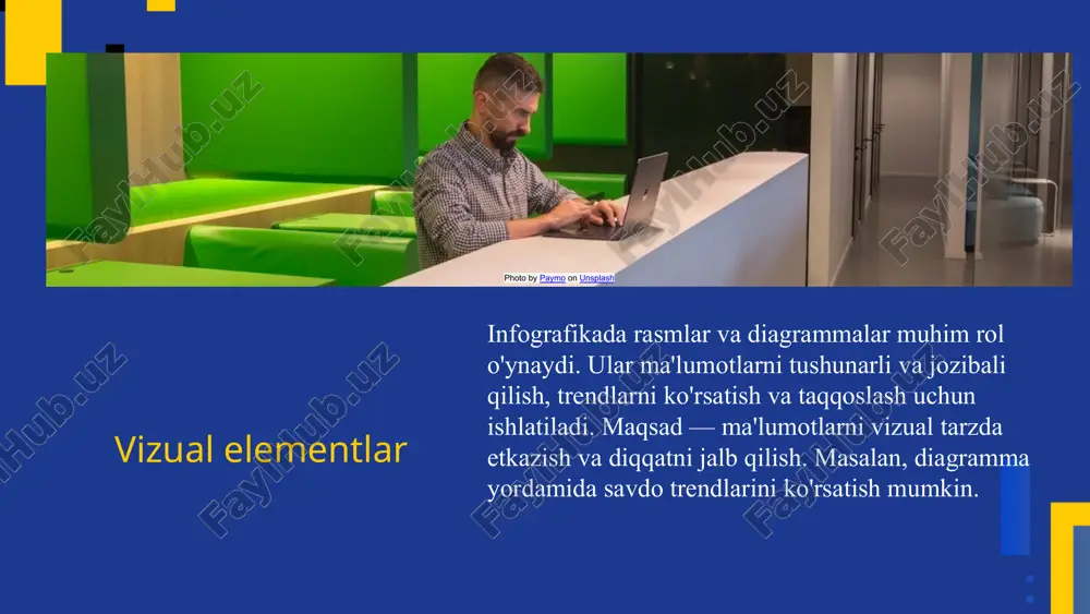 ntlar bilan vizual yondashuvni optimallashtiring. 02 01 03 tipografiya va o'qish qulayligi tipografiyaning roli to'g'ri shrift va o'lchamlar o'qishni osonlashtiradi. sans-serif fontlar odatda qulayroq hisoblanadi. shriftlar va o'lchamlar o'qish uchun 12-14 pt shrift o'lchami tavsiya etiladi. kontrast va aniqlik muhimdir. tasviriy va yozuvli elementlar font tanlashda soddalik va o'qilishi yengil bo'lishiga e'tibor bering, haddan tashqari qiyin fontlardan qoching. o'qish qulayligini oshirish usullari yuqori kontrast, keng qavslik va muhim ma'lumotlarni ajratib ko'rsatish o'qishni yengillashtiradi. 01 02 03 04 vizual hikoya qilish vizual hikoya qilish infografikalarda ma'lumotlarni aniq va qiziqarli tarzda taqdim etish uchun muhim usuldir. bu usul murakkab ma'lumotlarni oddiy va tushunarli hikoyaga aylantiradi, auditoriyaning e'tiborini tortadi va yozma ma'lumotlarni vizual elementlar yordamida tushunishni osonlashtiradi. misol uchun, iqtisodiy o'sish jarayonini vaqt liniyalari, diagrammalar va ranglar orqali hikoya qilish, ma'lumotlarni ko'proq ta'sirli qilish imkonini beradi. shu bilan birga, ranglar, shakllar va diagrammalar ma'lumotlarning asosiy nuqtalarini ta'kidlash va ularning o'zaro bog'liqligini ko'rsatishda yordam …