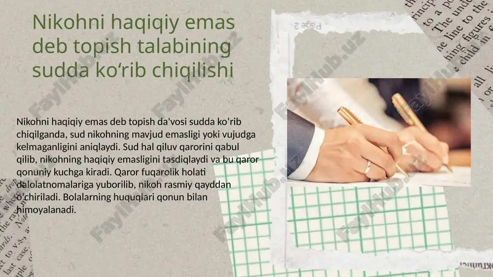 adi va rasmiy hujjatlarda aks etadi. xulosa xulosa bo'limida nikohni haqiqiy emas deb topish tushunchasi, uning huquqiy asoslari va sud jarayonlari haqida qisqacha ma'lumot beriladi. bu jarayonlarning huquqiy natijalari va amaliy ahamiyati muhim ahamiyatga ega. nikohdan ajralish va haqiqiy emas deb topish ishlarining o'ziga xos xususiyatlari va huquqiy farqlari ko'rsatiladi. bu farqlar sud jarayonlarining tartibi va natijalariga ta'sir qiladi. adolatli va aniq sud jarayonlari, bolalarning huquqlarini himoya qilish, yuridik yordam va huquqiy bilimlarni kengaytirish muhimdir. bu omillar jamiyat barqarorligini ta'minlashda asosiy rol o'ynaydi. e'tiboringiz uchun rahmat! image1.png image2.png image3.png image4.png image5.png image6.png image7.png image8.png image9.png image10.png image11.png image12.png image13.png image36.png image42.png image24.png image18.png image19.png image20.png image21.png image22.png image23.png image14.png image15.png image16.png image17.png image56.jpeg image43.png image44.png image45.png image46.png image47.png image48.png image49.png image50.png image51.png image29.png image30.png image31.png image32.png image33.png image34.png image35.png image25.png image26.jpeg image27.png image28.png image57.jpg image37.png image38.png image39.png image40.png image41.png image52.png image53.png image54.png image55.png