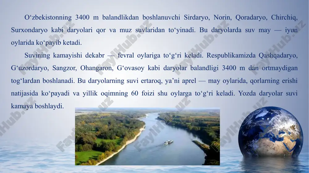 binobarin, o‘zbekiston amalda yiliga o‘rtacha 57,781 km3 atrofida suvdan foydalanadi. bu suvning 41,472 km3 amudaryo havzasiga, 16,309 km3 sirdaryo havzasi ulushiga to‘g‘ri keladi. find more powerpoint templates on prezentr.com! image3.png image4.png image5.png image6.png image7.png image8.png image9.png image10.png image11.png image12.png image13.png image14.png image15.png image16.png image17.png image1.png image2.png /docprops/thumbnail.jpeg