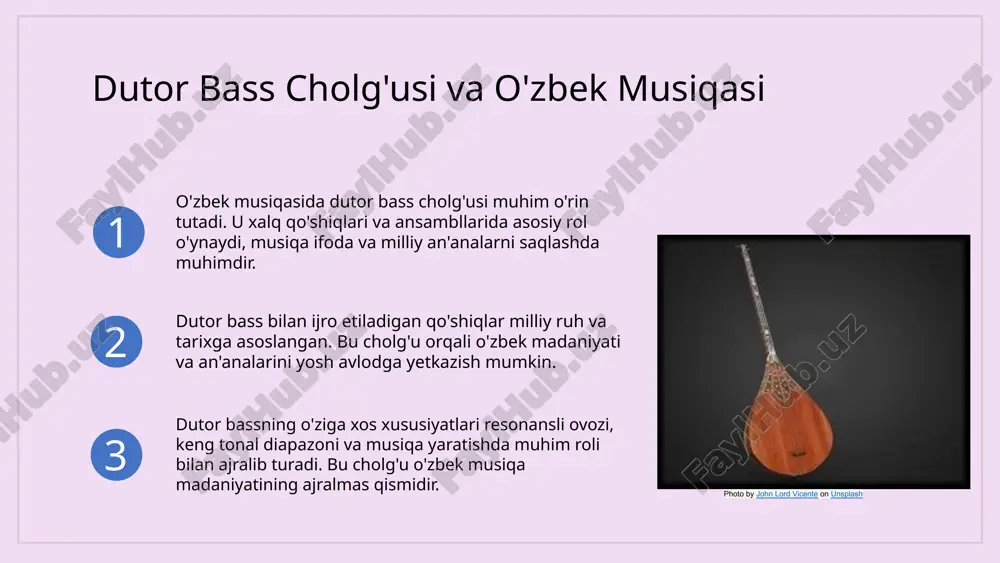 madaniy merosni saqlash uchun innovatsion yondashuvlarni qo'llash tavsiya etiladi. bu, o'z navbatida, dutor bass cholg'usining qadr-qimmatini oshirishga yordam beradi. photo by huan yu on unsplash 1 2 3 foydalanilgan adabiyotlar 1. sultonov, x. (2018). o'zbek xalq cholg'ularining tarixi va rivojlanishi. toshkent davlat konservatoriyasi nashriyoti. 2. karimov, a. (2020). dutor cholg'usining texnikasi va ijro usullari. o'zbekiston musiqa kolleji nashriyoti. 3. islomov, m. (2019). o'zbek xalq musiqasida dutor bass cholg'usining o'rni. o'zbekiston milliy universiteti jurnali, 45(3), 112-120. 4. toshpulatov, s. (2021). zamonaviy dutor bass ijrochilari va usullari. o'zbekiston musiqiy ijtimoiy tahlil, 12(2), 55-68. 5. rahmatov, f. (2017). o'zbek xalq musiqasining madaniy merosi va dutor bass cholg'usining o'rni. samarqand davlat madaniyat instituti nashriyoti. e'tiboringiz uchun rahmat! designed by slides carnival image1.png image2.png image3.png image10.png image11.jpeg image12.png image6.png image13.jpg image4.png image5.png image14.jpg image7.png image8.png image9.png