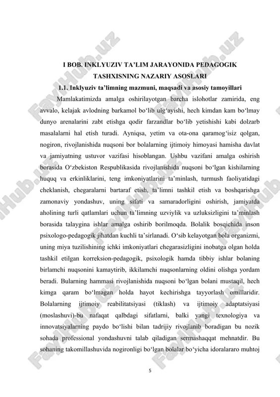 a doirasida toshkent, guliston, qarshi, samarqand, termiz, andijon, qoʻqon, nukus, buxoro, urganch shaharlarida joylashgan ayrim maktabgacha ta’lim muassasa, maktab, kasb-hunar kollejlari va akademik litseylarda imkoniyati cheklangan bolalar aralash guruhlarda inklyuziv texnologiya asosida ta’lim-tarbiya olishdi. mamlakatimizda imkoniyati cheklangan bolalar ta’lim-tarbiyasi va ularning ijtimoiy hayotga moslashuviga qulay sharoitlar yaratib berilmoqda. ularni jamiyatga integratsiya qilish, avvalo, imkon qadar salomatligini tiklash maqsadida «imkoniyati cheklangan bolalar uchun umumiy ta’lim loyihasi» asosida ish yuritib kelinmoqda. bunda, asosan, inklyuziv ta’lim imkoniyatlaridan foydalanish koʻzda tutilmoqda. natijada inklyuziv ta’limni tashkil etishning pedagogik-psixologik xususiyatlarini, oʻziga xos imkoniyatlarini[footnoteref:1] chuqurroq oʻrganish, u bilan bogʻliq muammolarni aniqlash, samaradorlik jihatlarini asoslab berish dolzarb ilmiy muammoga aylanmoqda. chunki inklyuziv ta’lim usuli barcha bolalarning ruhiyjismoniy holatidan qat’iy nazar ta’lim jarayonida toʻlaqonli ishtirok etishini ta’minlashga qulay imkoniyat yaratadi. ayniqsa, u alohida yordamga muhtoj bolalarning atrofdagilar bilan muloqotda boʻlishi, ijtimoiy muhit talablariga javob bera oladigan boʻlib ulgʻayishi, oʻz kundalik-maishiy ehtiyojini qondira olish koʻnikmalarini egallashi, hayotga moslashib, umumta’lim maktablarida …