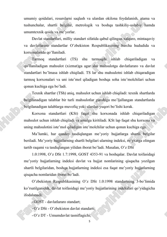 me’yoriy hujjatlarning qisqacha nomlaridan iborat bo’ladi. o’zbekiston respublikasining o’z dst 1.0:1998 standartning 3-bo’limida ko’rsatilganidek, davlat toifasidagi me’yoriy hujjatlarining indekslari qo’yidagicha ifodalanadi: · gost - davlatlararo standart; · o’z dst - o’zbekiston davlat standarti; · o’z dt - umumdavlat tasniflagichi; · o’z rh - o’zbekiston rahbariy hujjati; · o’zst dt - o’zbekiston standartlashtirish davlat tizimi; · o’zsdt-o’zbekiston sertifikatlashtirish davlat tizimi; · o’zo'dt-o’zbekiston o’lchashlar birligini ta’minlash davlat tizimi; - o'zat - o’zbekiston akkreditlash tizimi. tarmoq, toifasidagi meyoriy hujjatlar indeksi: · tst - tarmoq standarti; · tt – tarmoq tasniflagichi; - rh - rahbariy hujjat; - t - tavsiyanoma. ma’muriy-hududiy toifadagi meyoriy hujjatlar indeksi: · mn st - ma’muriy hududiy standart; - kst - korxona standarti; - tsh - texnik shartlar. boshqa hujjatlarning qisqa shartli ifodalanishi: · knt - konstruktorlik hujjatlarning yagona tizimi; · tnt - texnologik hujjatlarning yagona tizimi; · mst - mahsulotni sinash tizimi; · nvt - hujjatlarni birxillashtirish tizimi; · …