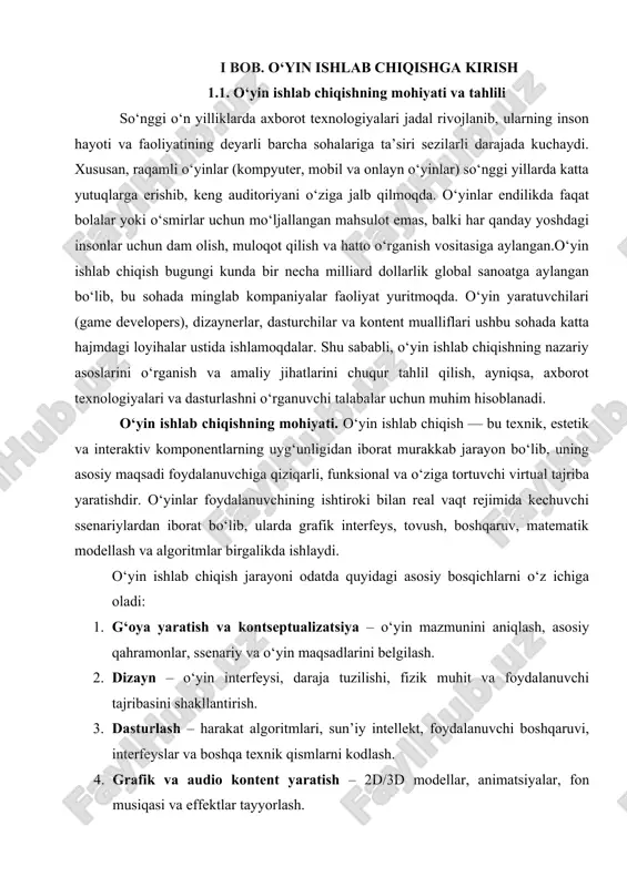 alar aynan o‘yin vositalari yordamida yaratiladi.jamiyatga ijtimoiy ta’siri: bugungi kunda ko‘plab o‘yinlar ijtimoiy axborot vositasi sifatida, hatto mafkuraviy vosita sifatida ham ishlatilmoqda. shu bilan birga, ular jamoaviy ishlash, mantiqiy fikrlash va muammolarni hal qilish ko‘nikmalarini ham rivojlantiradi. o‘yin ishlab chiqishning psixologik va ijtimoiy jihatlari. o‘yinlar inson psixologiyasiga bevosita ta’sir ko‘rsatuvchi vosita sifatida qaraladi. ular inson miyasining faoliyatini faollashtiradi, qaror qabul qilish, tez fikrlash, strategik rejalashtirish, e’tiborni jamlash kabi ko‘nikmalarni rivojlantiradi. ko‘plab tadqiqotlar shuni ko‘rsatadiki, yaxshi ishlab chiqilgan o‘yinlar inson miyasida dopamin gormoni chiqarilishini kuchaytiradi va bu orqali o‘yin o‘ynovchi shaxsda quvnoqlik, motivatsiya va ishtiyoq hissini uyg‘otadi.biroq, noto‘g‘ri ishlab chiqilgan yoki haddan ortiq zo‘ravonlik, qimor va salbiy g‘oyalarni targ‘ib qiluvchi o‘yinlar salbiy ta’sir ko‘rsatishi mumkin. shuning uchun zamonaviy o‘yin ishlab chiquvchilari o‘yin kontentini yaratishda ijtimoiy mas’uliyatni ham hisobga olishlari kerak.shuningdek, o‘yinlar ko‘p hollarda jamoaviy o‘yin tarzida yaratiladi (multiplayer), bu esa foydalanuvchilarni global va mahalliy ijtimoiy aloqalarga jalb etadi. onlayn o‘yinlar orqali …