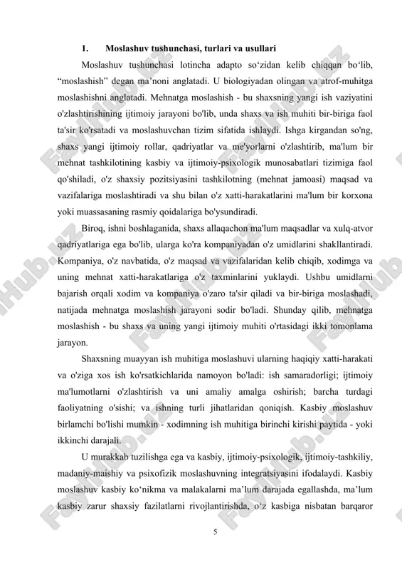 adaniy-maishiy va psixofizik moslashuvning integratsiyasini ifodalaydi. kasbiy moslashuv kasbiy ko‘nikma va malakalarni ma’lum darajada egallashda, ma’lum kasbiy zarur shaxsiy fazilatlarni rivojlantirishda, o‘z kasbiga nisbatan barqaror ijobiy munosabatni shakllantirishda namoyon bo‘ladi. bu o'zini kasbiy ish bilan tanishish va funktsional vazifalarni va ijodiy ishlarni sifatli bajarish uchun etarli bo'lgan kasbiy mahorat va epchillikni egallashda namoyon bo'ladi. bunday ishning ma'lum bir shakli professional tanlovdir. kasbiy tanlash - bu shaxsning muayyan ishga tibbiy, ijtimoiy va psixofiziologik muvofiqligini rivojlantirish darajasi va imkoniyatlarini ilmiy jihatdan tasdiqlangan usullardan foydalangan holda aniqlash jarayoni. ishlab chiqarish jamoasiga tatbiq etiladigan kasbiy tanlov muammosi kasbiy yaroqlilikni shaxsning ma'lum bir faoliyat samaradorligini va tanlangan kasbdan qoniqishni belgilovchi xususiyatlari, qobiliyatlari va moyilliklarining kombinatsiyasi sifatida belgilashdan iborat. hamma odamlar ham ma'lum bir kasbni egallashga birdek qodir emas - ba'zilari tezda ko'nikmalarga ega bo'lib, professional yuksaklikka erishadilar, boshqalari esa yillar talab etadi. ko'pincha, cho'zilgan o'quv jarayonida tanlangan kasbga qiziqish yo'qoladi va shaxs o'z kasbini o'zgartiradi. …