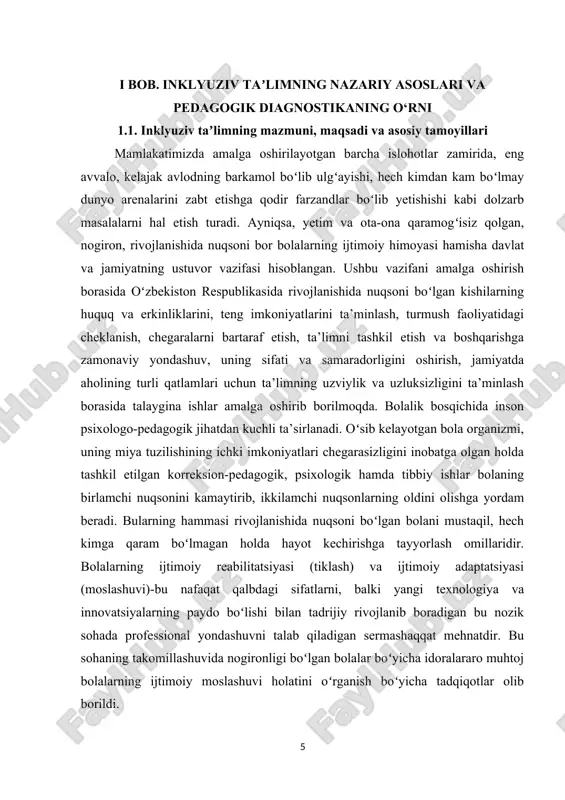 arga koʻmak berish markazi, fargʻona viloyatining qoʻqon shahridagi «ziyo» maxsus zaruratli bolalarga ijtimoiy koʻmak berish markazi, maqsadli hududlar hokimliklari, oʻzbekistondagi shvetsariya elchixonasi hamkorlik qilishdi. ushbu loyiha doirasida toshkent, guliston, qarshi, samarqand, termiz, andijon, qoʻqon, nukus, buxoro, urganch shaharlarida joylashgan ayrim maktabgacha ta’lim muassasa, maktab, kasb-hunar kollejlari va akademik litseylarda imkoniyati cheklangan bolalar aralash guruhlarda inklyuziv texnologiya asosida ta’lim-tarbiya olishdi. mamlakatimizda imkoniyati cheklangan bolalar ta’lim-tarbiyasi va ularning ijtimoiy hayotga moslashuviga qulay sharoitlar yaratib berilmoqda. ularni jamiyatga integratsiya qilish, avvalo, imkon qadar salomatligini tiklash maqsadida «imkoniyati cheklangan bolalar uchun umumiy ta’lim loyihasi» asosida ish yuritib kelinmoqda. bunda, asosan, inklyuziv ta’lim imkoniyatlaridan foydalanish koʻzda tutilmoqda. natijada inklyuziv ta’limni tashkil etishning pedagogik-psixologik xususiyatlarini, oʻziga xos imkoniyatlarini[footnoteref:4] chuqurroq oʻrganish, u bilan bogʻliq muammolarni aniqlash, samaradorlik jihatlarini asoslab berish dolzarb ilmiy muammoga aylanmoqda. chunki inklyuziv ta’lim usuli barcha bolalarning ruhiyjismoniy holatidan qat’iy nazar ta’lim jarayonida toʻlaqonli ishtirok etishini ta’minlashga qulay imkoniyat yaratadi. ayniqsa, u alohida yordamga …