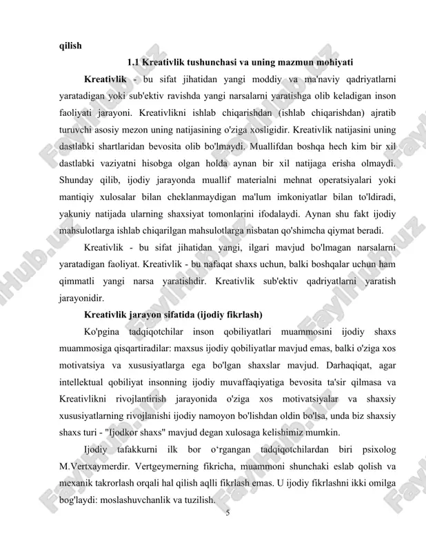 a ega bo'lgan shaxslar mavjud. darhaqiqat, agar intellektual qobiliyat insonning ijodiy muvaffaqiyatiga bevosita ta'sir qilmasa va kreativlikni rivojlantirish jarayonida o'ziga xos motivatsiyalar va shaxsiy xususiyatlarning rivojlanishi ijodiy namoyon bo'lishdan oldin bo'lsa, unda biz shaxsiy shaxs turi - "ijodkor shaxs" mavjud degan xulosaga kelishimiz mumkin. ijodiy tafakkurni ilk bor o‘rgangan tadqiqotchilardan biri psixolog m.vertxaymerdir. vertgeymerning fikricha, muammoni shunchaki eslab qolish va mexanik takrorlash orqali hal qilish aqlli fikrlash emas. u ijodiy fikrlashni ikki omilga bog'laydi: moslashuvchanlik va tuzilish. moslashuvchanlik ijodiy jarayonlarning vaziyatni yaxshilashga qaratilganligini anglatadi. strukturaviylik ijodiy fikrlashning bir turi bo'lib, unda muammoli vaziyatni hal qilish jarayonida uni tahlil qilish sodir bo'ladi, so'ngra yaxlit tuzilish doirasida vaziyatning alohida elementlarining funktsional ma'nolari o'zgaradi. vertgeymer birinchi bo'lib ijodiy fikrlashni rag'batlantiradigan vazifalar shaxs uchun atipik va g'ayrioddiy bo'lishi kerakligini ta'kidladi. ijodiy muammoni hal qiluvchi shaxs ob'ektlarning yashirin xususiyatlaridan va ularning g'ayrioddiy aloqalaridan foydalanishga harakat qilib, vaziyatga yangicha yondashishi kerak. insonning ijodiy tafakkuriga bunday qarash …