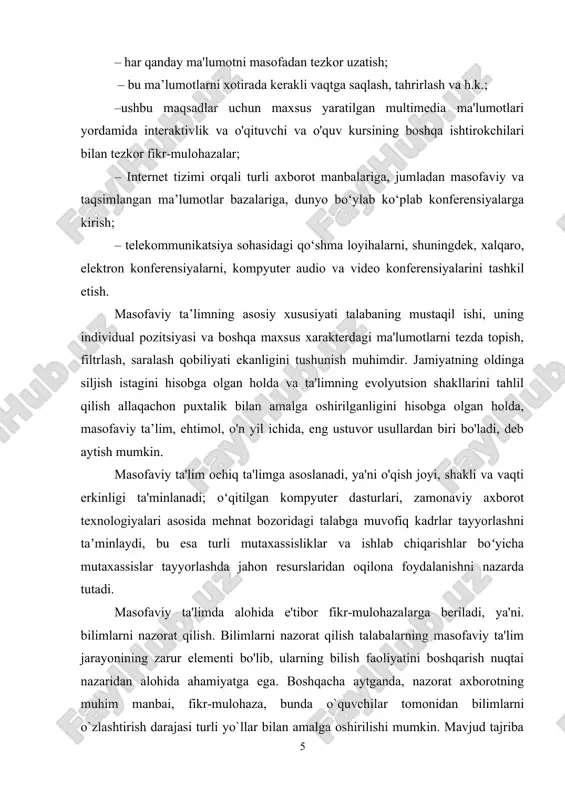 da, eng ustuvor usullardan biri bo'ladi, deb aytish mumkin. masofaviy ta'lim ochiq ta'limga asoslanadi, ya'ni o'qish joyi, shakli va vaqti erkinligi ta'minlanadi; oʻqitilgan kompyuter dasturlari, zamonaviy axborot texnologiyalari asosida mehnat bozoridagi talabga muvofiq kadrlar tayyorlashni taʼminlaydi, bu esa turli mutaxassisliklar va ishlab chiqarishlar boʻyicha mutaxassislar tayyorlashda jahon resurslaridan oqilona foydalanishni nazarda tutadi. masofaviy ta'limda alohida e'tibor fikr-mulohazalarga beriladi, ya'ni. bilimlarni nazorat qilish. bilimlarni nazorat qilish talabalarning masofaviy ta'lim jarayonining zarur elementi bo'lib, ularning bilish faoliyatini boshqarish nuqtai nazaridan alohida ahamiyatga ega. boshqacha aytganda, nazorat axborotning muhim manbai, fikr-mulohaza, bunda o`quvchilar tomonidan bilimlarni o`zlashtirish darajasi turli yo`llar bilan amalga oshirilishi mumkin. mavjud tajriba shuni ko‘rsatadiki, masofadan turib o‘qiyotgan talaba yanada mustaqil, harakatchan va mas’uliyatli bo‘lib qoladi. bu fazilatlarsiz u o'rgana olmaydi. agar ushbu hususiyatlar dastlab bo'lmagan bo'lsa-da, lekin o'qitish uchun motivatsiya katta bo'lsa, ular rivojlanadi va o'qishni tugatgandan so'ng, mehnat bozorida haqiqatan ham talab qilinadigan mutaxassislar paydo bo'ladi. masofaviy ta’limning joriy …