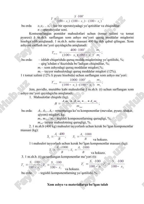 lari, ko’k no’xat, gazakbop konservalarni ishlab chiqarish uchun 3 smenali (uzluksiz) ish tartibi rejalashtiriladi. mavsum boshida va oxirida (5-10 kun) xom ashyo kam miqdorda kelib tushganda bu tizimlar 1-2 smenada ishlay boshlaydi. uzoq vaqt saqlanadigan xom ashyo (ildiz mevalilar), mehnatni ko’p talab qiladigan konservalar (murrabo, kompot, marinad) 2 smenada ishlab chiqariladi. xom ashyo yil davomida olib kelinsa, tsex 1 yoki 2 smenada ishlaydi (masalan, qish mavsumida tomat xalimi, meva sharbatlarini mayda idishlarga qadoqlash). saqlash muddati 36 soat gacha bo’lgan meva va sabzavotlarni qayta ishlash uchun bir oydagi ish kunlar soni 25, smena davomiyligi 7 soat; qolgan xom ashyo va yarim fabrikatlar uchun bu ko’rsatkichlar 20 kun va 8 soatni tashkil etadi. xom ashyo va materiallarni sarflash me’yori bir ming shartli banka (m.sh.b.) yoki 1 t ishlab chiqarilgan mahsulotga sarflangan xom ashyo va materiallar me’yori texnologik yo’riqnomalarda keltiriladi. sarflash me’yorlari retseptura va chiqindilar (yo’qotishlar) me’yorlari asosida hisoblanadi. operatsiyalardagi chiqindilar va yo’qotishlar …