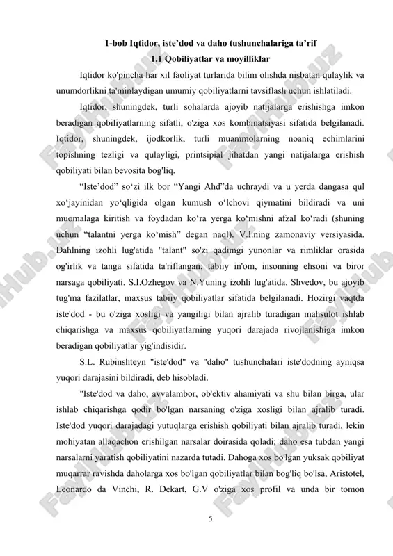 tta ochilgan ko'zlari bilan, cheksiz hayratga to'la, o'zining katta ahamiyatini emas, balki o'zining cheksiz qudratini anglab etadi". (6-son, 11-bet). shunday qilib, daho iste'dodning eng yuqori darajasi bo'lib, har qanday sohada tubdan yangi yutuqlarga erishish imkonini beradi. dahoning ijodi tarixiy va albatta ijobiy ahamiyatga ega. va, albatta, iste’dod ham, daho ham, avvalo, ulkan mehnat, ulkan matonat va mustahkam iroda samarasidir. a.v. petrovskiy buni shunday ta'riflaydi: "qobiliyat, iste'dod, daho - bular inson iqtidorining bosqichlari, uning bosqichma-bosqich o'sishi va sifat jihatidan farqlanishidir. iste'dod - bu insonga har qanday murakkab ishni muvaffaqiyatli, mustaqil ravishda va dastlab bajarishga imkon beradigan qobiliyatlar yig'indisidir. dahoga kelsak, bu ajoyib fazilat haqida gapirganda, ular uzoq vaqt va iste'dodning kombinatsiyasini anglatadi. fan, san'at va jamoat hayotida tubdan yangi yo'llar". (8-son, 25-bet). davom etishdan oldin, iqtidor, iste'dod va daho bilan chambarchas bog'liq bo'lgan qobiliyat nima ekanligini tushunish kerak. biz ko'pincha hayratda qolamiz va nima uchun hayot sharoitlari o'xshash bo'lgan turli odamlar …