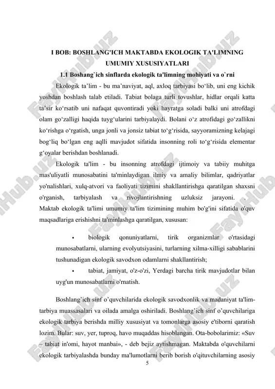 t manbai», - deb bejiz aytishmagan. maktabda o'quvchilarni ekologik tarbiyalashda bunday ma'lumotlarni berib borish o'qituvchilarning asosiy vazifasi bo'lmog'i darkor. atrof-muhitga, tabiat boyliklariga e'tiborsiz bo'lish butun sayyoraga jiddiy zarar yetkazishi ma'lum. inson bilan tabiat o'rtasidagi muammolarni yechish zaruriyati tug'ildi. o'quvchilarda ekologik madaniyatni shakllantirish, tabiat, atrof-muhit bilan qanday munosabatda bo'lishni o'rgatish pedagogika nazariyasi va amaliyotida dolzarb muammoga aylandi. ayniqsa, umumta'lim maktablarida maktab partasidanoq tabiatga muhabbat ruhida tarbiya berishga astoydil kirishish zarur. ta'lim muassasalarida ekologik tarbiya berish mazmuni quyidagilarni o'z ichiga oladi: -atrof-muhit va uning shaxs ma'naviy dunyosiga ta'siri; -tabiat va uning ahamiyatini anglash; -tabiatga muhabbatni shakllantirishda maktab va oilaning hamkorligi; -o'z tumani, shaharini, qishloq va maktab hovlisini ko'kalamzorlashtirishda, hatto sinf xonasidagi o'simliklarni ham parvarishlashga qiziqtirish; -oiladagi, maktabdagi tabiatni, o'simliklar va hayvonot dunyosini e'zozlashga o'rgatish, jonivor va qushlarni parvarish qilish; -yoshlarni ekologik tarbiyalashda milliy an'ana va udumlarni qayta tiklash, ularga e'tiborni kuchaytirish. «avesto»da kishilarni ekologik tarbiyalash bo'yicha quyidagi tadbirlar belgilangan: "inson butun umri …
