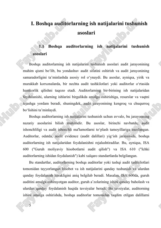 ni nazorat qilish va ish sifatini ta’minlash hamda auditorlarning o‘zaro ishonchini mustahkamlash uchun doimiy nazorat va baholash zarur bo‘ladi. 1.2 amaliy ravishda natijalarni qo'llash usullari boshqa auditorlarning ish natijalaridan foydalanish amaliyoti, zamonaviy audit jarayonlarida muhim o‘rin tutadi va uning samarali qo‘llanilishi audit sifatini oshirish, vaqt va resurslarni tejash imkonini beradi. bu jarayonning muvaffaqiyati uchun, avvalo, auditorlarning o‘zaro ishonch darajasi, ularning ish sifatini baholash va standartlarga muvofiqligi muhim ahamiyat kasb etadi. amaliy ravishda, bu jarayonni bir necha bosqichga bo‘lish mumkin: avvalo, auditorlar o‘rtasida aniq va tushunarli kommunikatsiya o‘rnatilishi, ikkinchidan, ularning ishini baholash uchun mustahkam nazorat mexanizmlari va, uchinchidan, texnologiyadan foydalanish. birinchidan, auditorlarning ish natijalaridan to‘g‘ridan-to‘g‘ri foydalanish uchun, ularning ish sifati va ishonchliligi haqida ma'lumotga ega bo‘lish zarur. bu jarayonda, masalan, auditorlar o‘rtasida kelishilgan standartlar va protseduralar asosida, ish sifatini baholash uchun maxsus mezonlar ishlab chiqiladi. bu mezonlar, odatda, audit ishi uchun belgilangan standartlar va metodologiyalarga asoslanadi, masalan, isa 600 va isa …