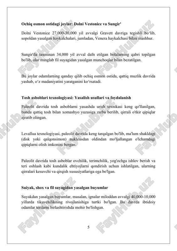 radiouglerodli dating kabi metodlar 50,000 yilgacha bo'lgan tadqiqotlarda muhim rol o'ynaydi. kelajakda paleolit davri genetik tadqiqotlari zamonaviy odamlar va arxaik guruhlar o'rtasidagi migratsiya va o'zaro aloqalar xususida yangi ma'lumotlar berishi mumkin. paleolit davri yodgorliklarini uch o'lchovli modellashtirish va virtual rekonstruktsiya qilish arxeologik saytlarni 100,000 yil oldingi holatida vizuallashtirishga yordam beradi. xulosa paleolit davri arxeologik yodgorliklari insoniyat tarixining erta bosqichlarini o'rganishda muhim rol o'ynaydi va qadimgi madaniyatlar haqida noyob ma'lumotlar beradi. foydalanilgan adabiyotlar 1. arxeologiya: nazariyyalar, usullar va amaliyotlar. colin renfrew paul bahn. 2. paleolit arxeologiyasi. ofer bar-yosef david pilbeam (eds.). 3. insoniyatning kelib chiqishi va paleolit madaniyati. grahame clark. 4. paleolit san'ati. jean clottes. 5 0 0 0 7