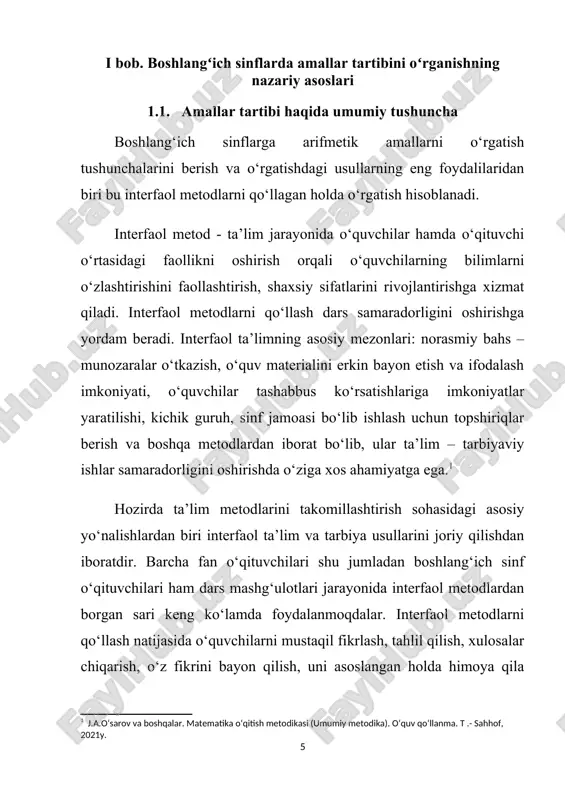 “quyidagi shaklda nechta to‘rtburchak bor?” bunda takliflar to‘rtburchaklar sonini sanash usuliga oid bo‘lib, ularning sonini to‘g‘ridan – to‘g‘ri aytish talab qilinmaydi. bunda turli takliflar bildirish mumkin. eng maqbuli avval 1 katakli, keyin 2, 3, 4, 5, 6, 7, 8 katakdan tuzilgan to‘rtburchaklar sonini sanashni taklif qilish mumkin. yoki biror ifoda qiymatini qulay usulda hisoblash yuzasidan takliflar yig‘iladi.[footnoteref:3] [3: babanskiy. yu. k. hozirgi zamon umumta’lim maktablarida o‘qitish metodlari. - t,; o‘qituvchi, 1990y.] masalan: 1 dan 20 gacha bo‘lgan barcha natural sonlar yig‘indisini topish yo‘li so‘raladi. hamma takliflar qabul qilinadi. ularning bir nechtasi bo‘yicha yig‘indi topiladi va usullar taqqoslanadi. eng qulay usulni taklif qilgan guruh yoki juftlik taqdirlanadi. darsda berilgan masala, misol va topshiriqni juft bo‘lib hal qilishi ham o‘quvchilarni o‘zaro fikr almashishga, bir – birini to‘ldirishi, kerak bo‘lsa bir – biriga o‘rgatishga o‘rgatadi. bunday usulni “juftlikda ishlash” deb ataladi. o‘qituvchi o‘quvchilar mustaqil hal qilishi mumkin bo‘lgan istalgan vazifani juftlikda topshiradi. bunday …
